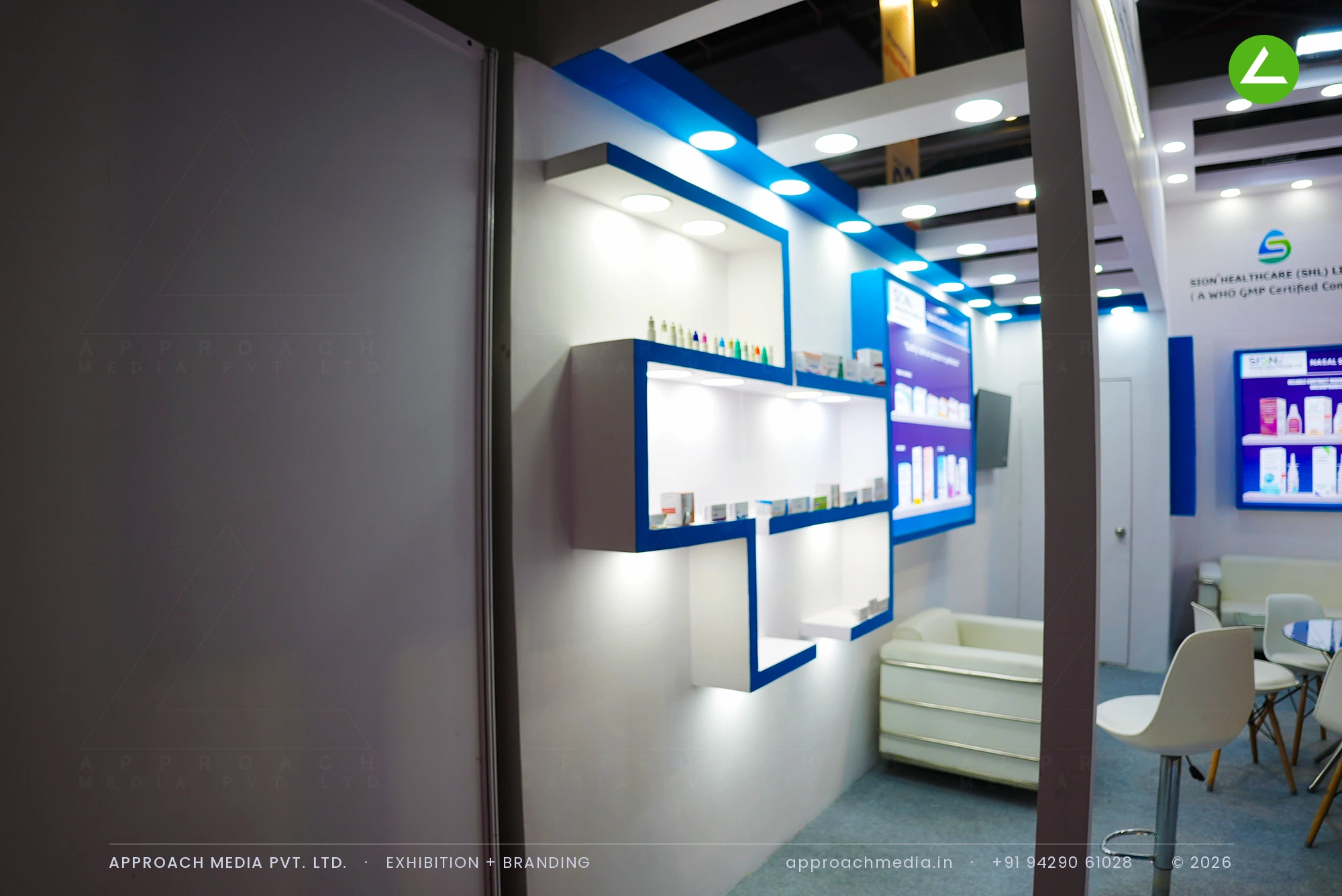 Sion Healthcare (SHL) Limited: Exhibition Stall Design at iPHEX New Delhi with a Blue Oval Frame — photo 2