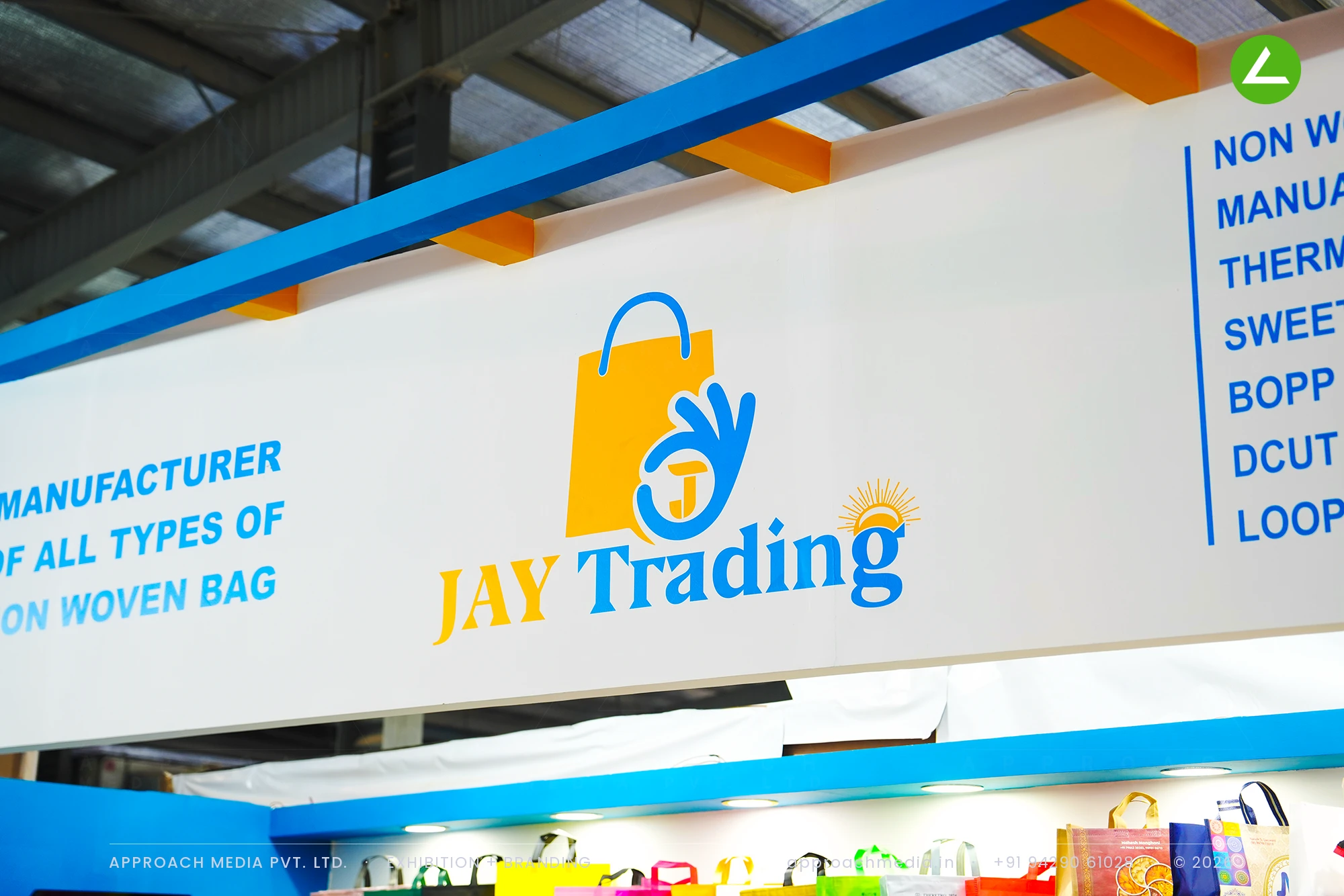 Jay Trading: non-woven bag exhibition stall design at Khadhya Khorak Expo, Gandhinagar 2025 — photo 3