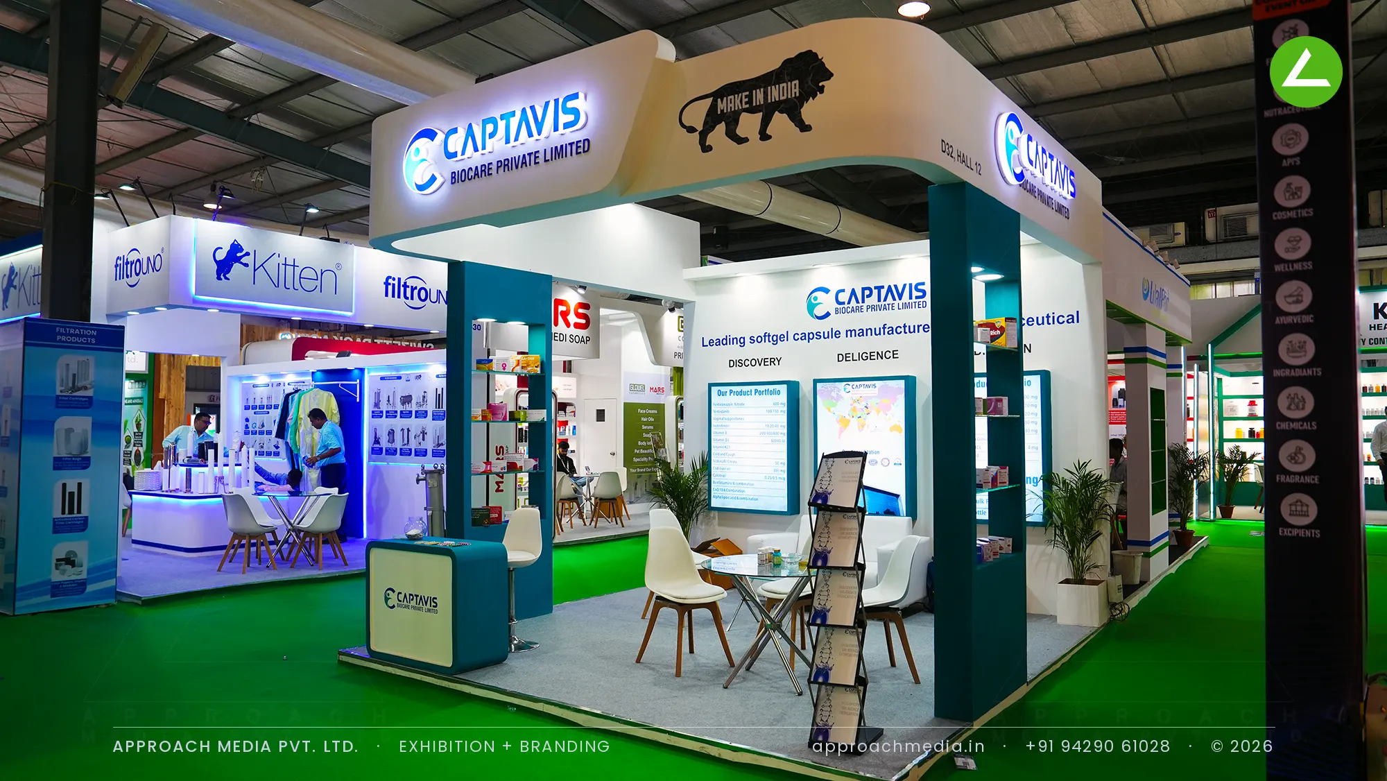 Captavis Biocare exhibition stall design at Pharmatech Expo Gandhinagar with curved backlit teal and cream fascia