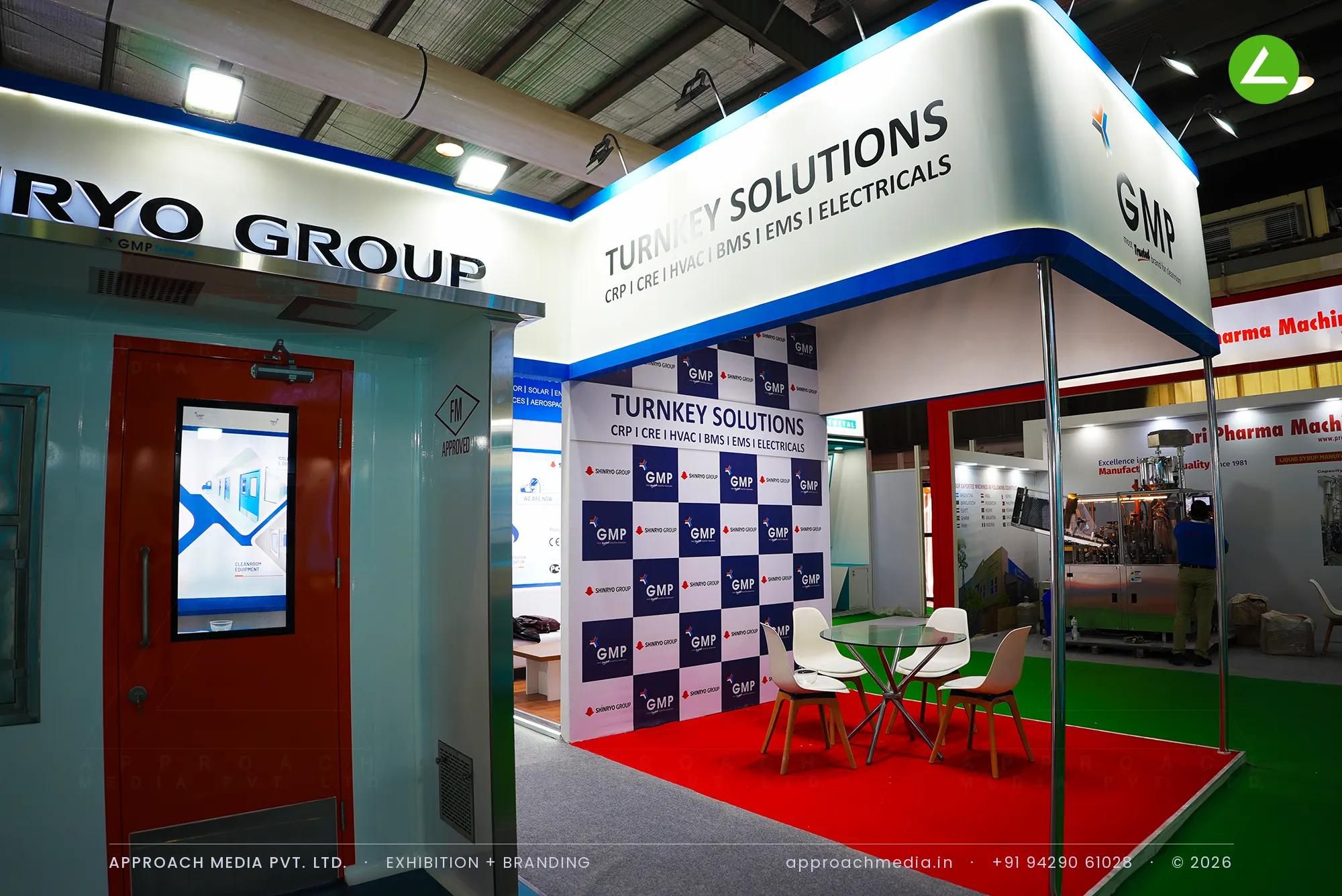 GMP & Shinryo Group — 60 sqm cleanroom exhibition stall design at Pharmatech Expo Gandhinagar — photo 4
