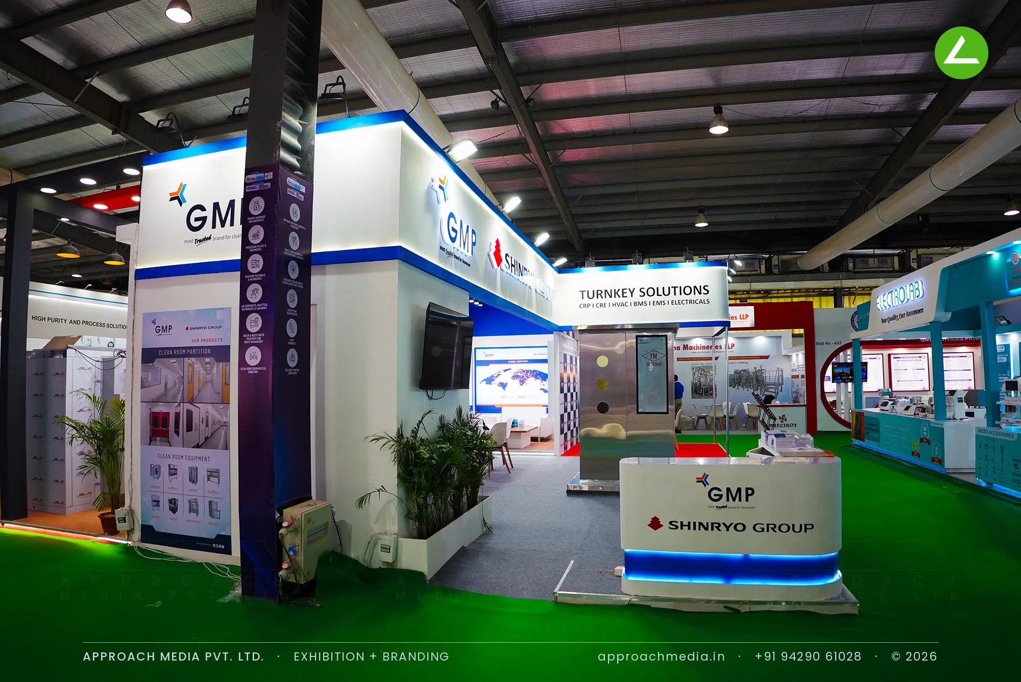 GMP & Shinryo Group — 60 sqm cleanroom exhibition stall design at Pharmatech Expo Gandhinagar — photo 3