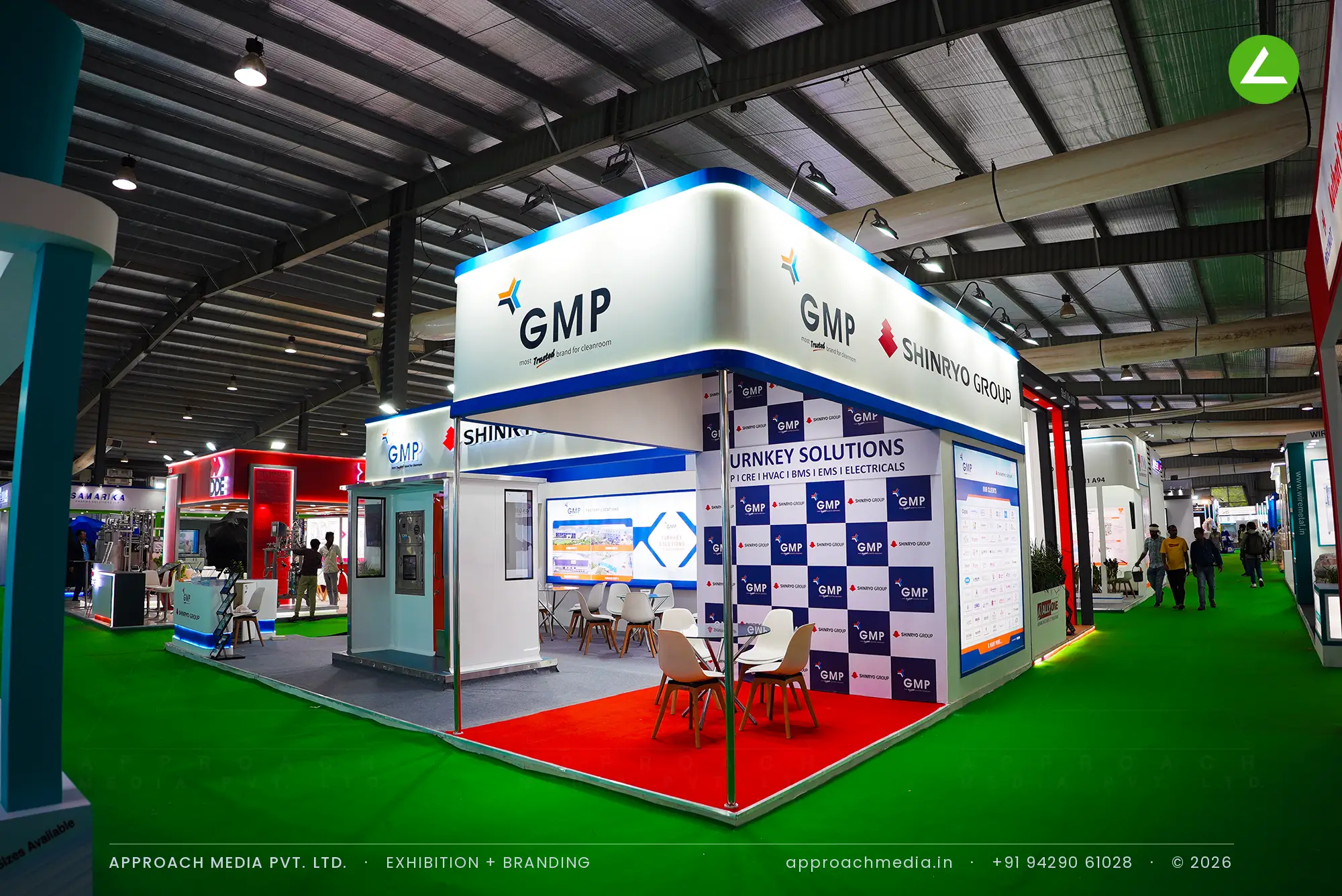 GMP & Shinryo Group — 60 sqm cleanroom exhibition stall design at Pharmatech Expo Gandhinagar — photo 2