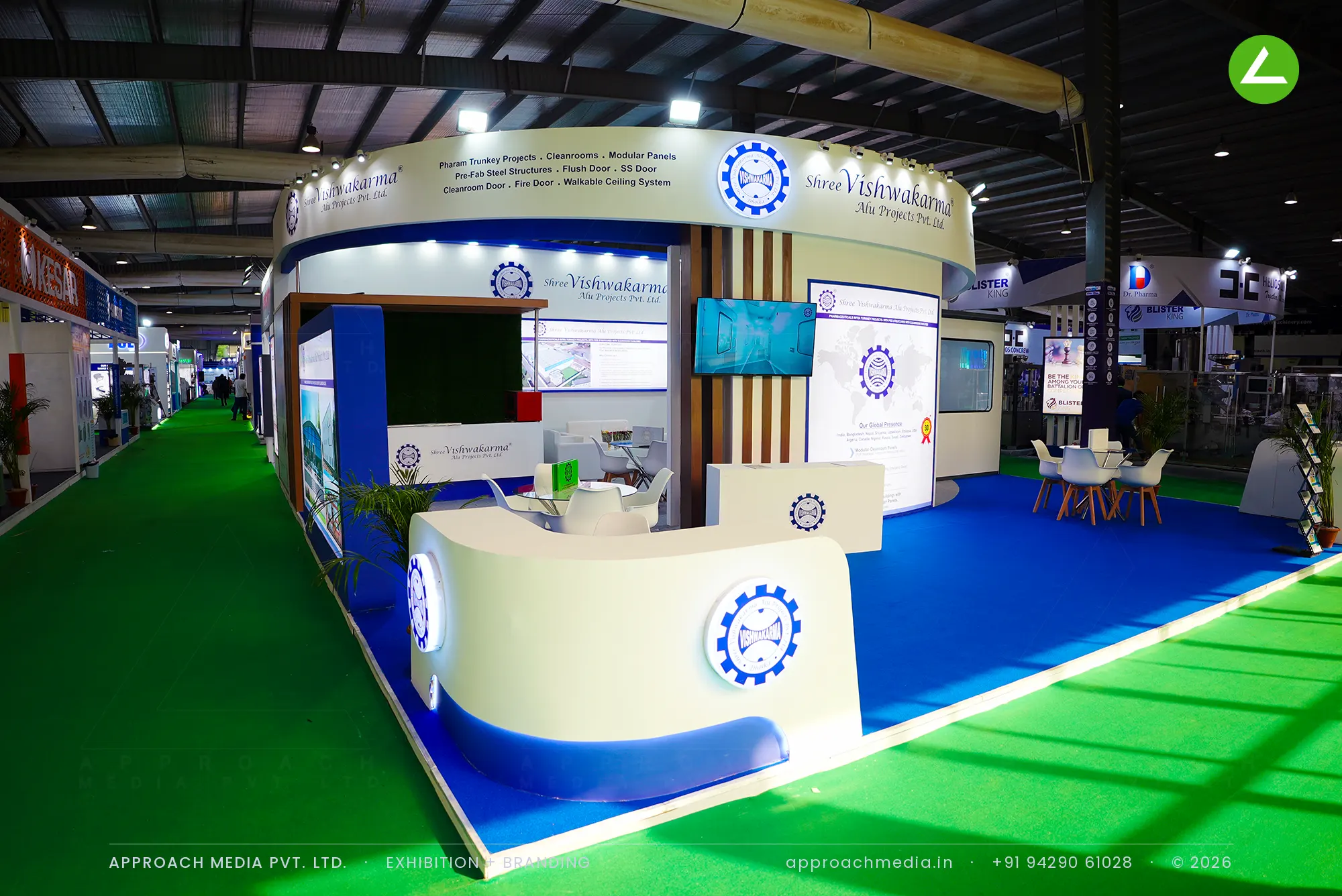 Shree Vishwakarma oval ring stall with cleanroom cabin, exhibition stall design at Pharmatech Expo Gandhinagar