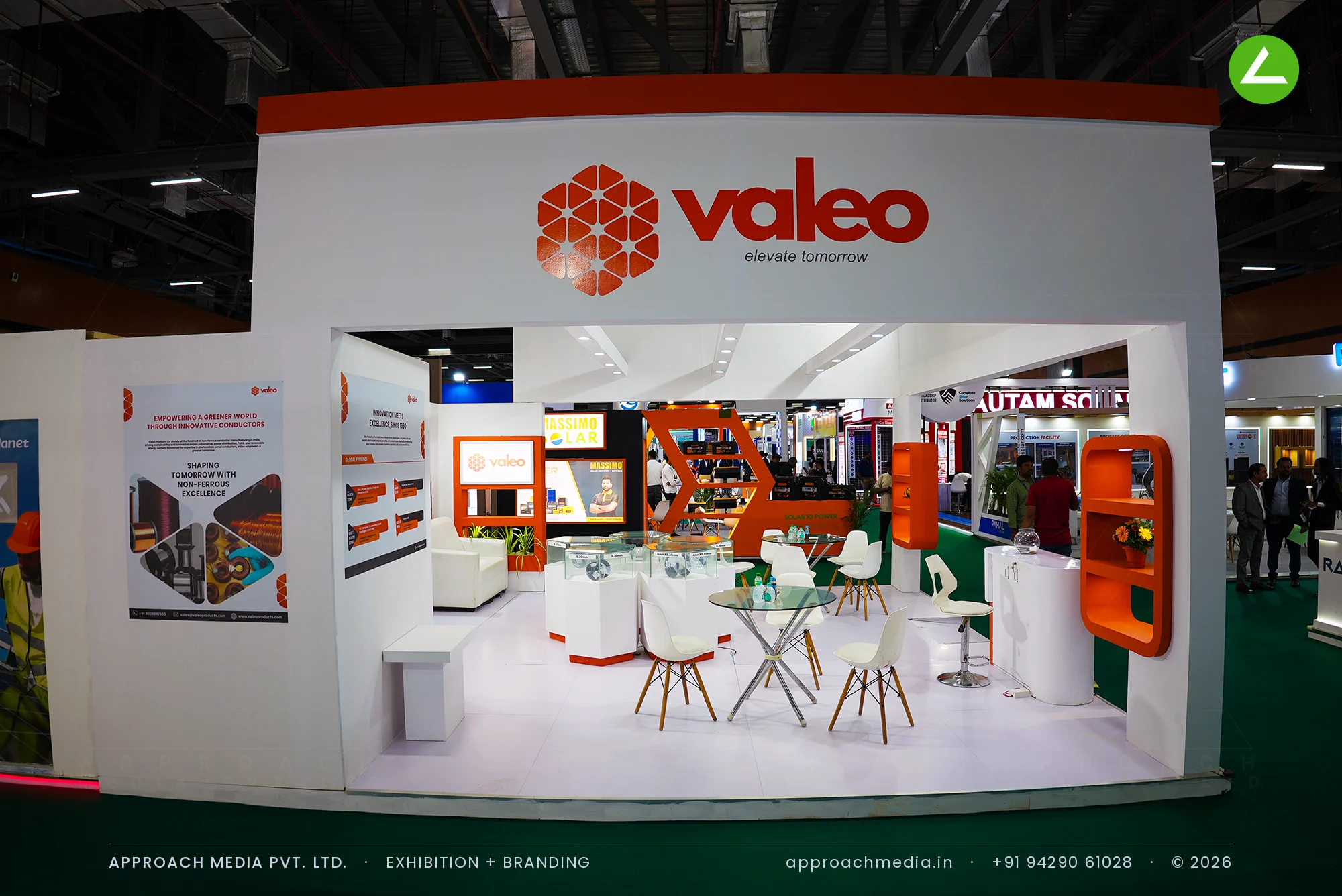Valeo at REI Expo Chennai 2025 - a 36 sqm exhibition stall design in white and orange — photo 3