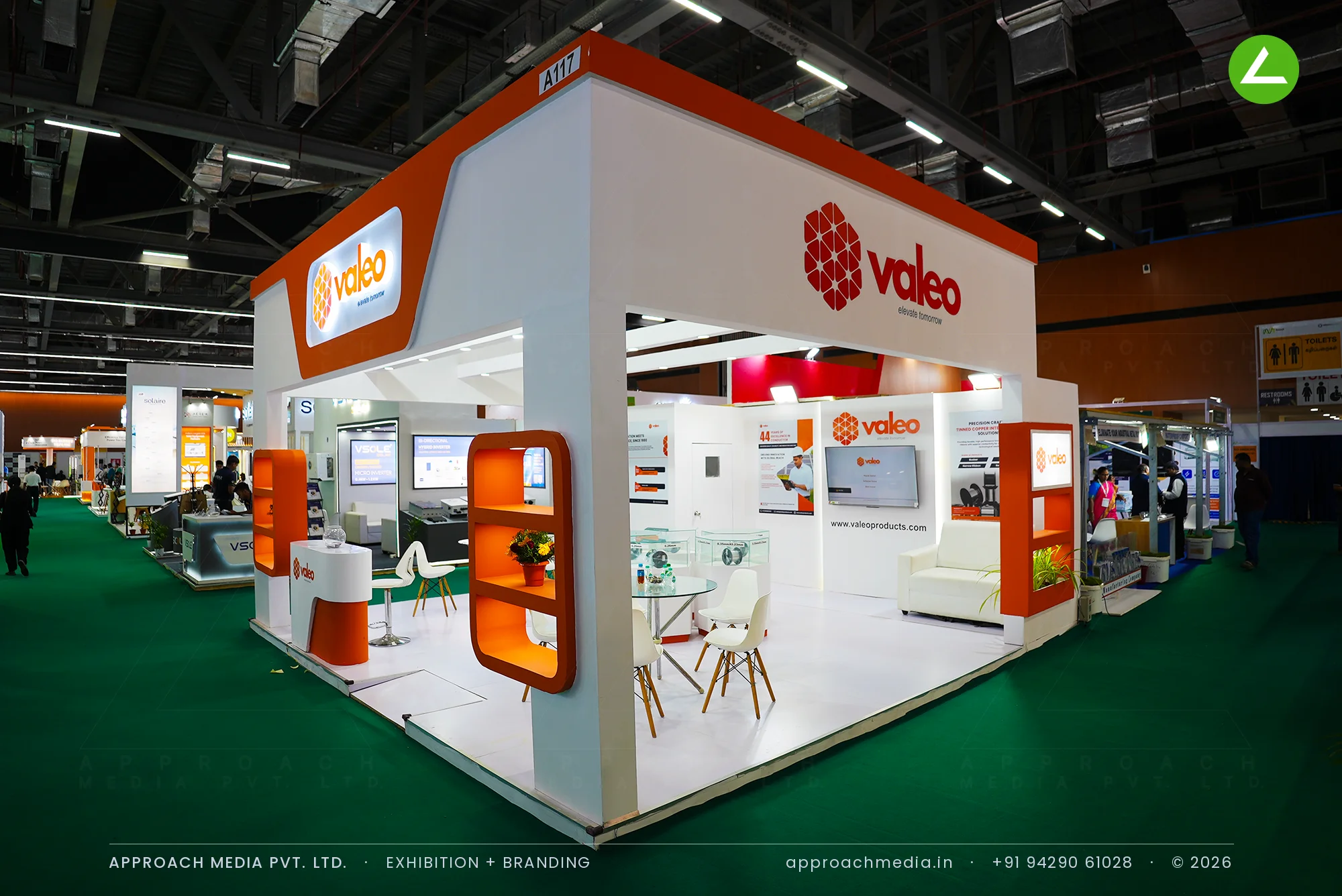 Valeo at REI Expo Chennai 2025 - a 36 sqm exhibition stall design in white and orange — photo 4
