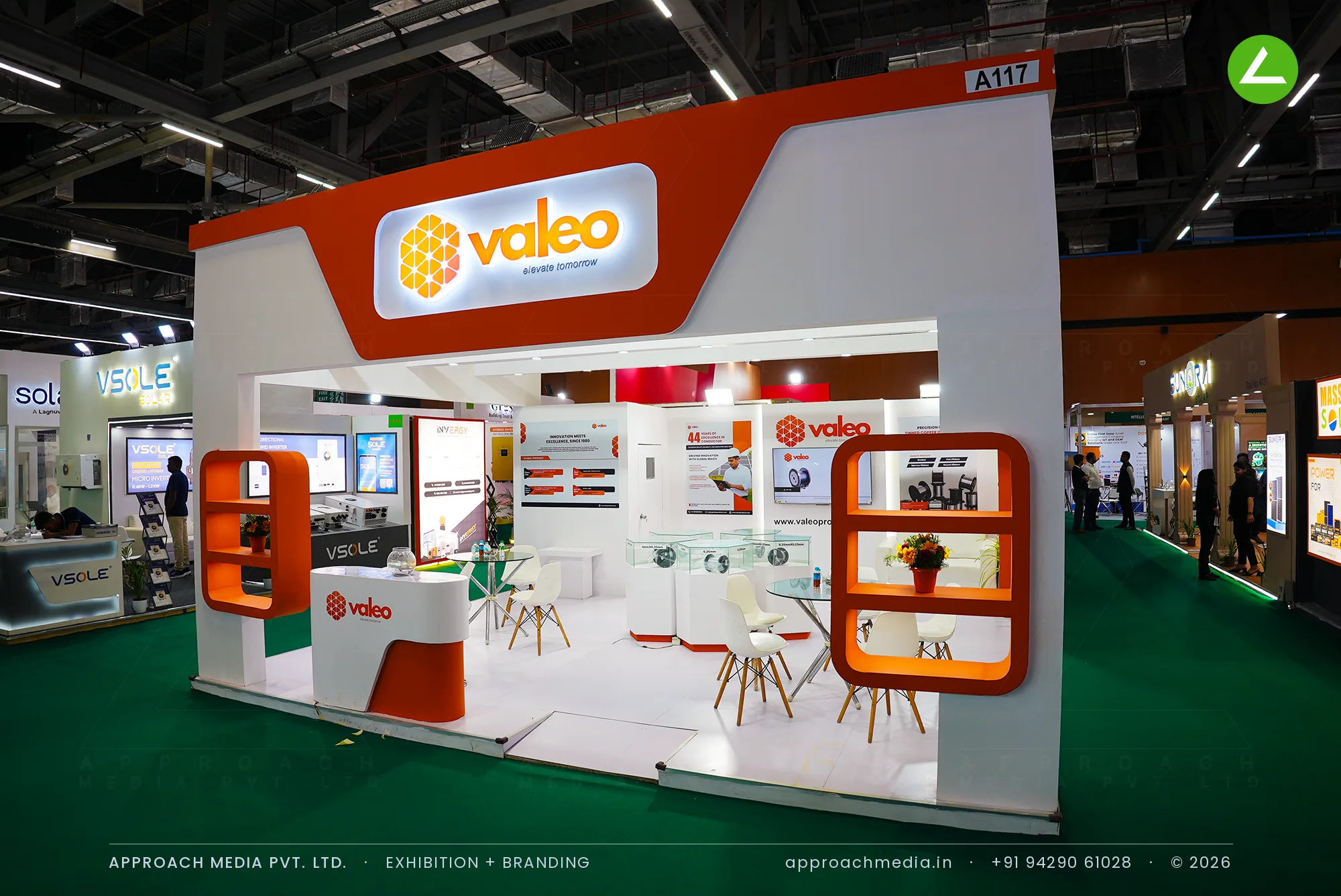 Valeo at REI Expo Chennai 2025 - a 36 sqm exhibition stall design in white and orange — photo 2