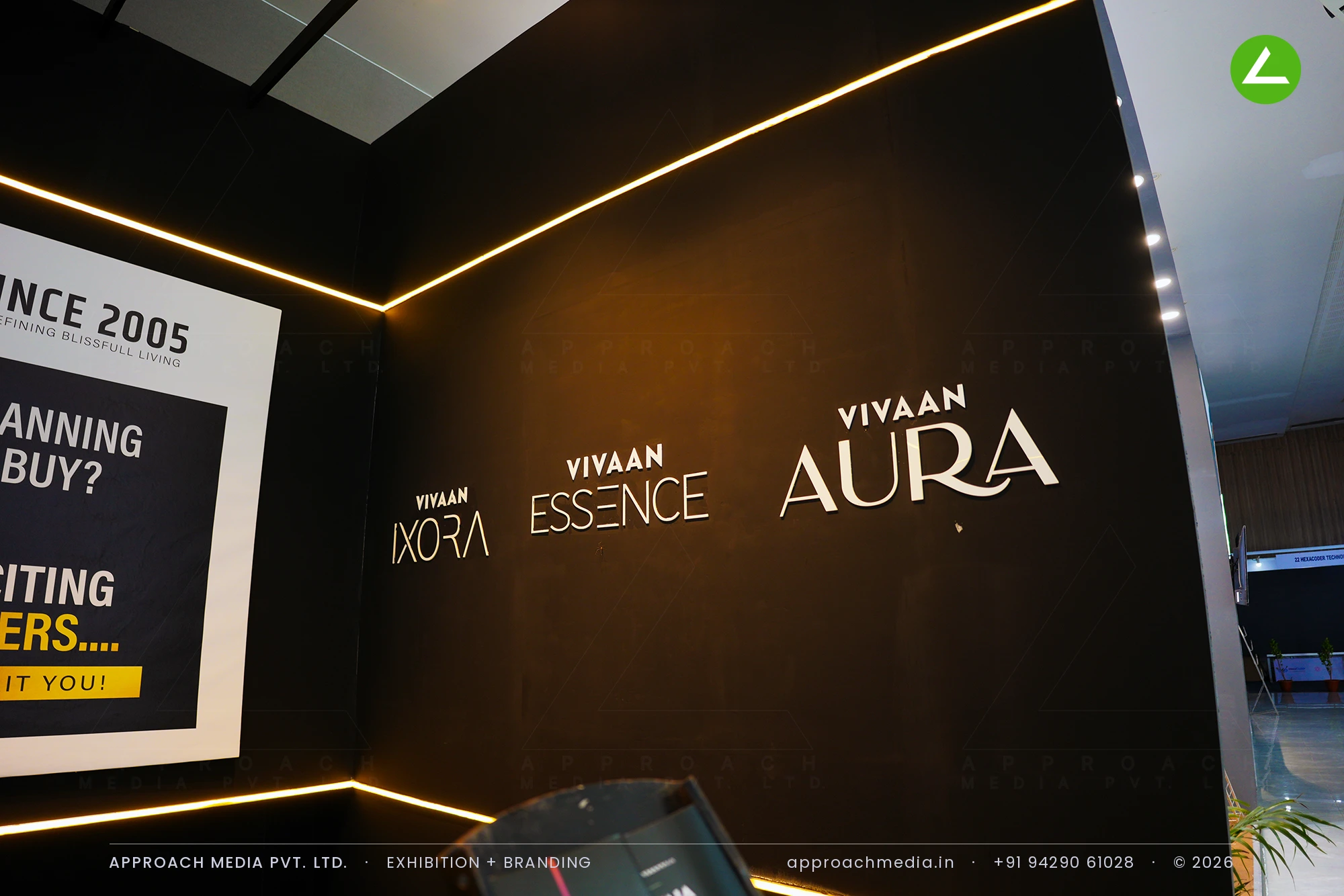 Vivaan at Times Property Expo Ahmedabad 2025 — Black-and-Gold Exhibition Stall Design — photo 3