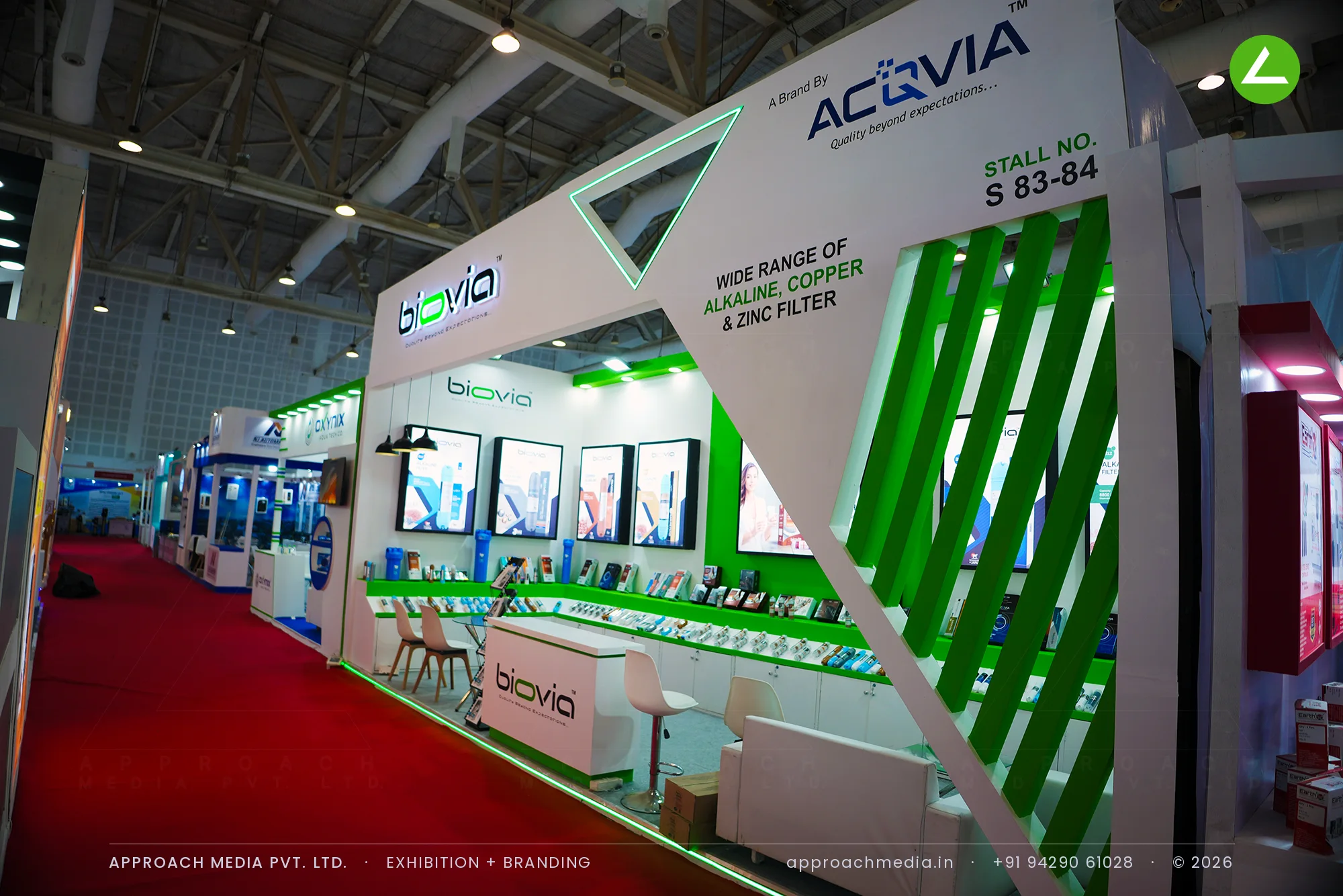 Biovia exhibition stall design at WAPTAG Water Expo Gandhinagar with green fin corner and white lightbox wall