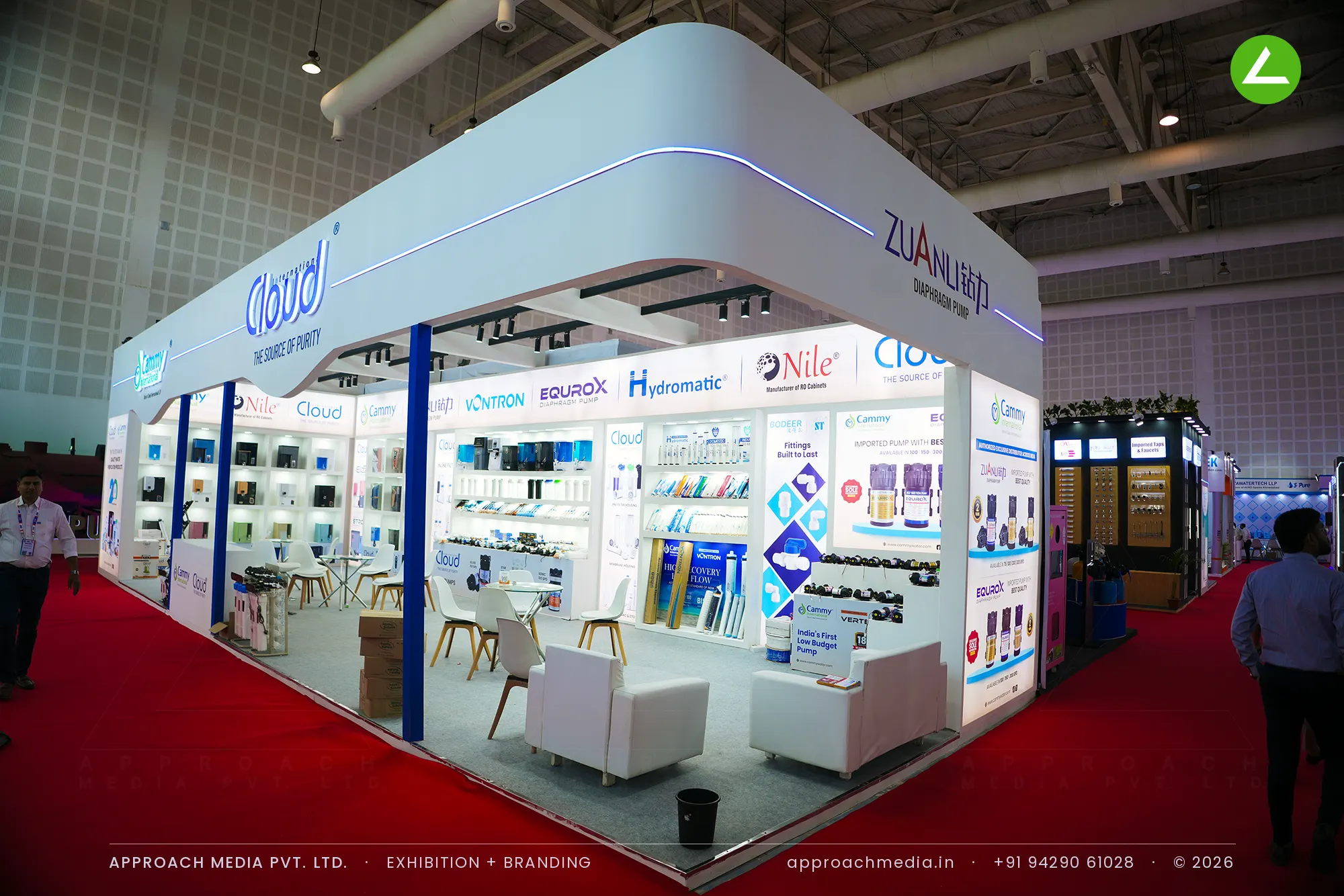 Cloud exhibition stall design at WAPTAG Water Expo Gandhinagar, a 70 sqm white multi-brand stand with blue columns
