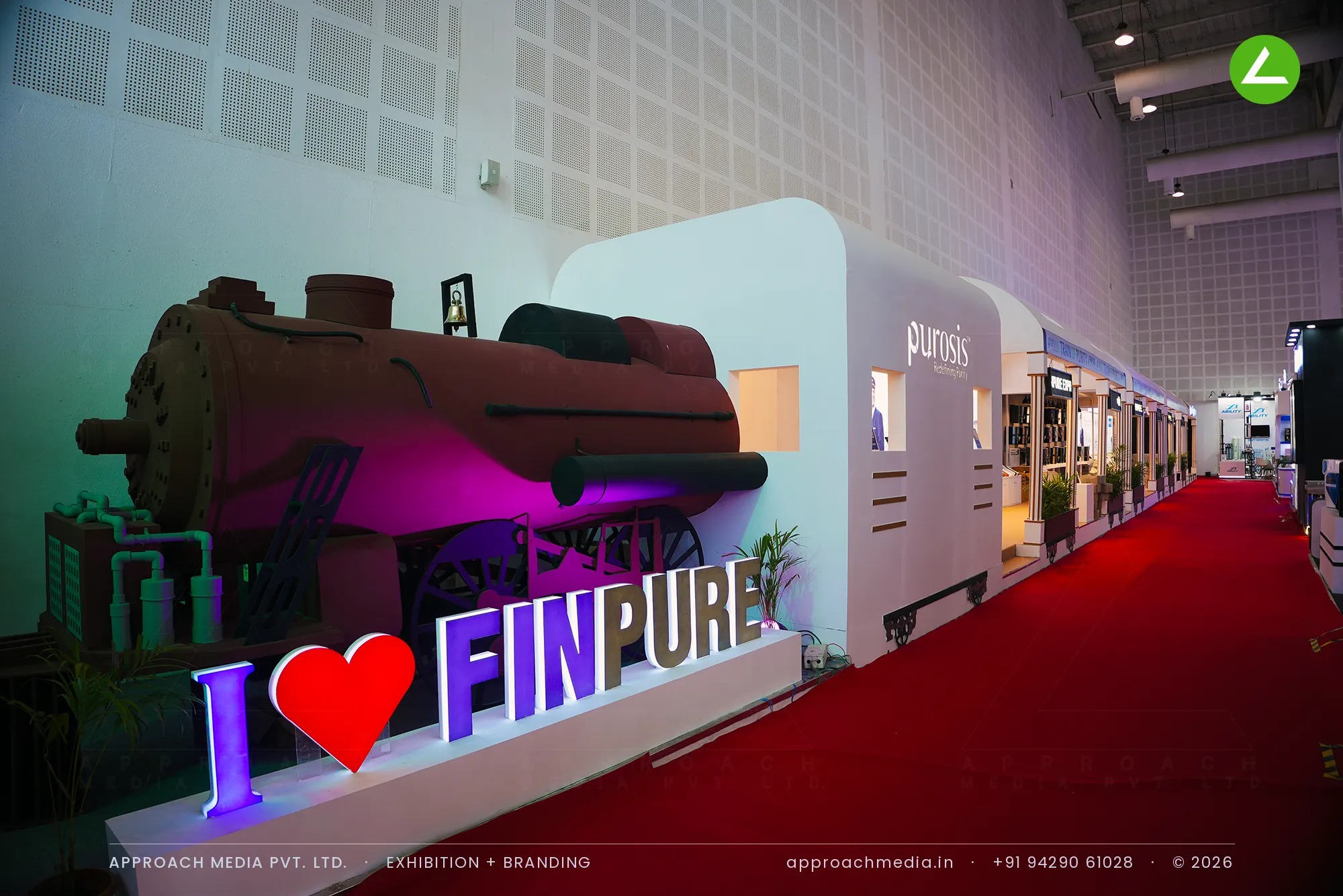 Finpure Train of Purity exhibition stall design at WAPTAG Water Expo Gandhinagar with a moulded locomotive facade
