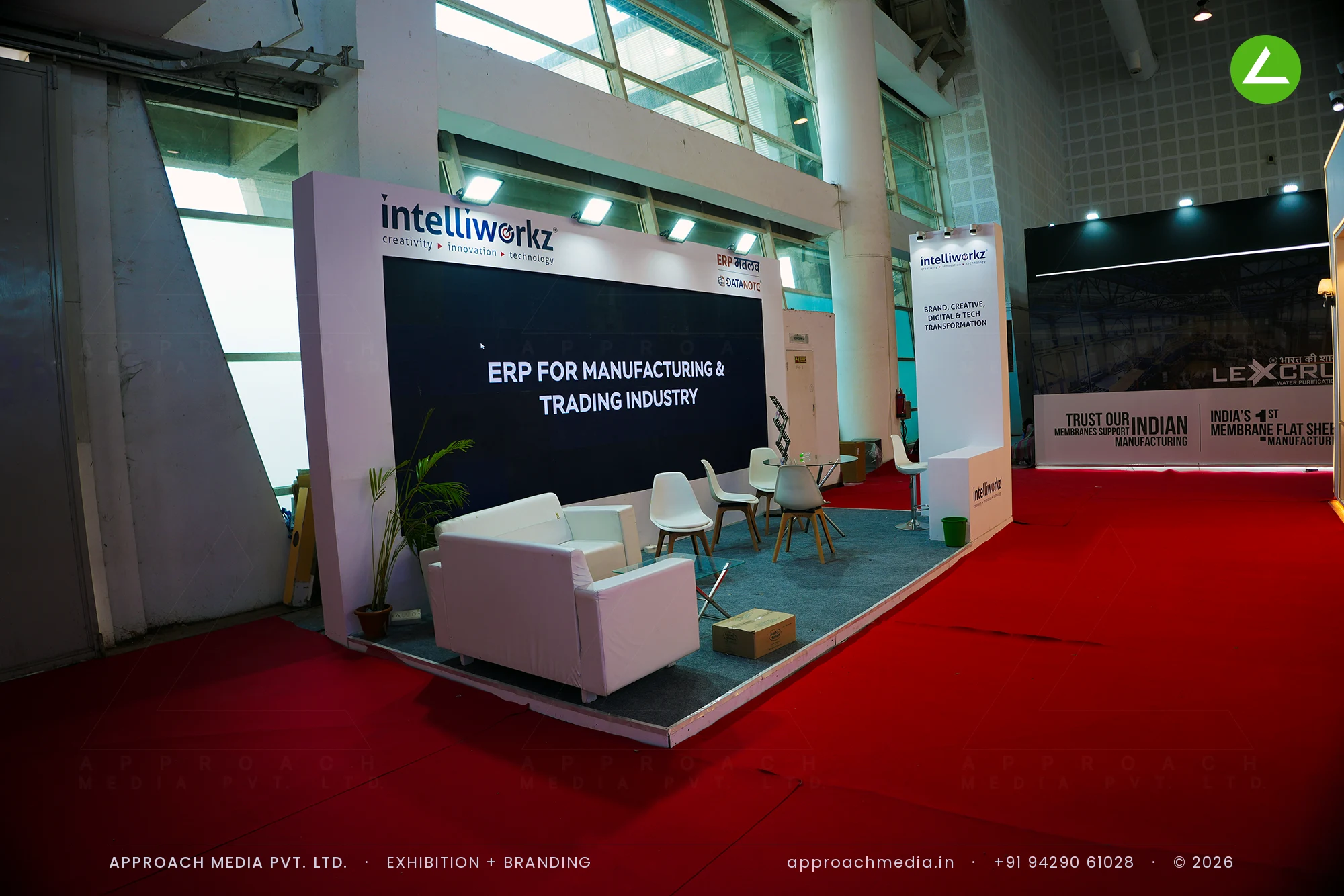 Intelliworkz exhibition stall design at WAPTAG Water Expo Gandhinagar with its full-width ERP message panel