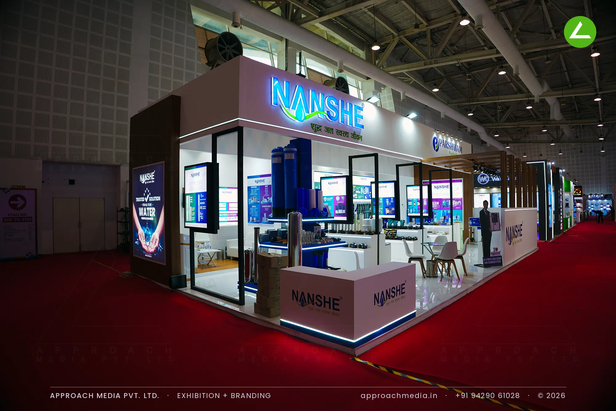 Nanshe exhibition stall design at WAPTAG Water Expo Gandhinagar, an 84 sqm island with backlit logo and black frames