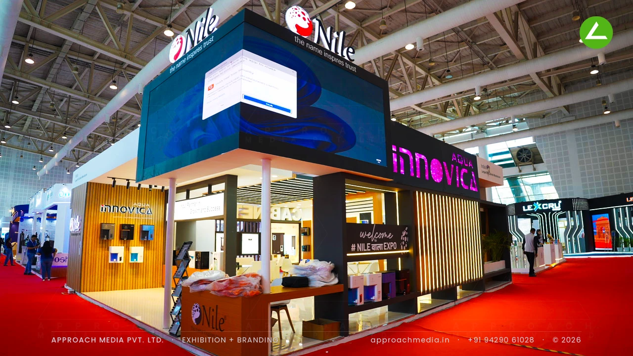 Nile Aqua Innovica exhibition stall design at WAPTAG Water Expo Gandhinagar with a raised LED cube and teak batten walls
