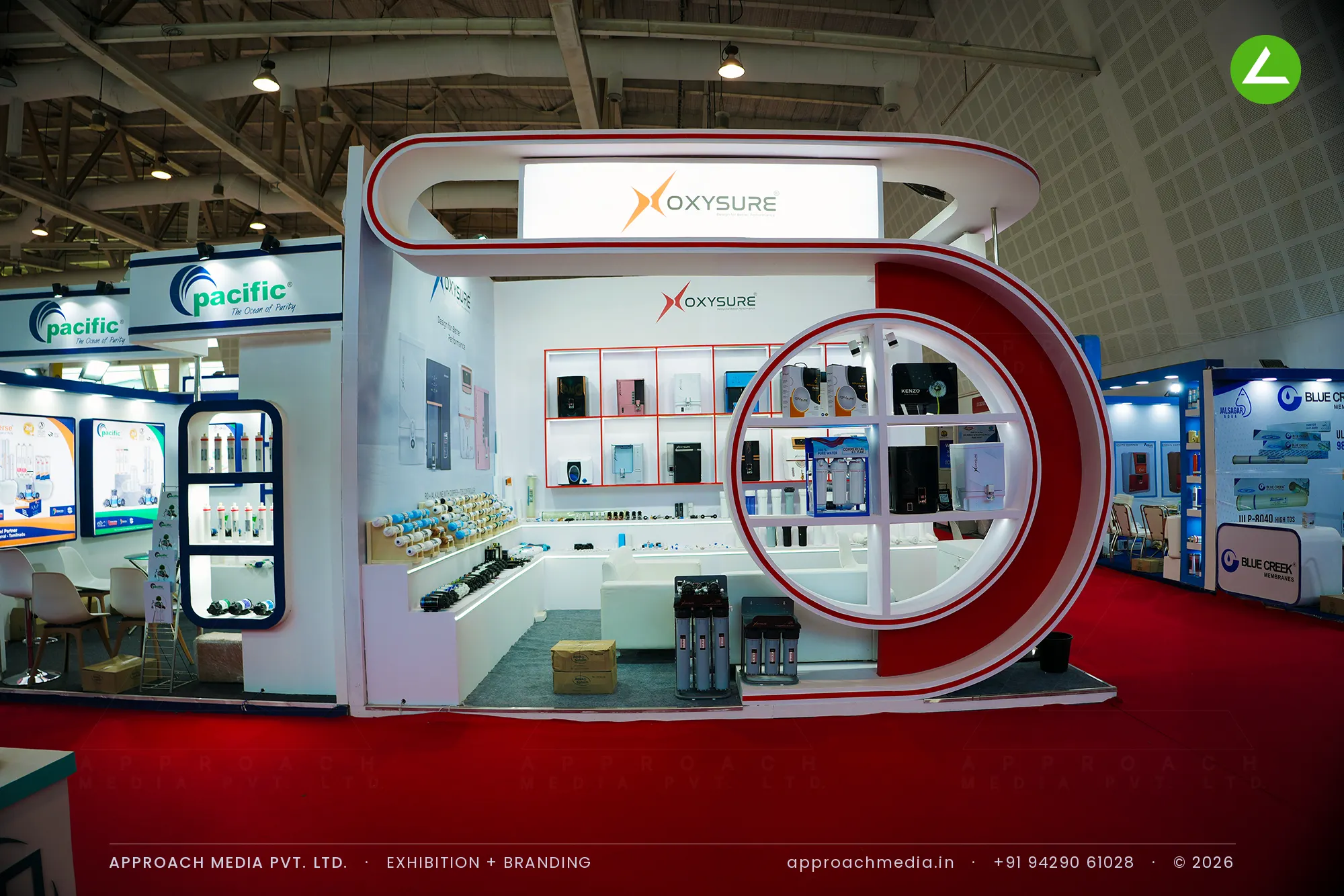 Oxysure exhibition stall design at WAPTAG Water Expo Gandhinagar with a large white display ring and red-outlined niches