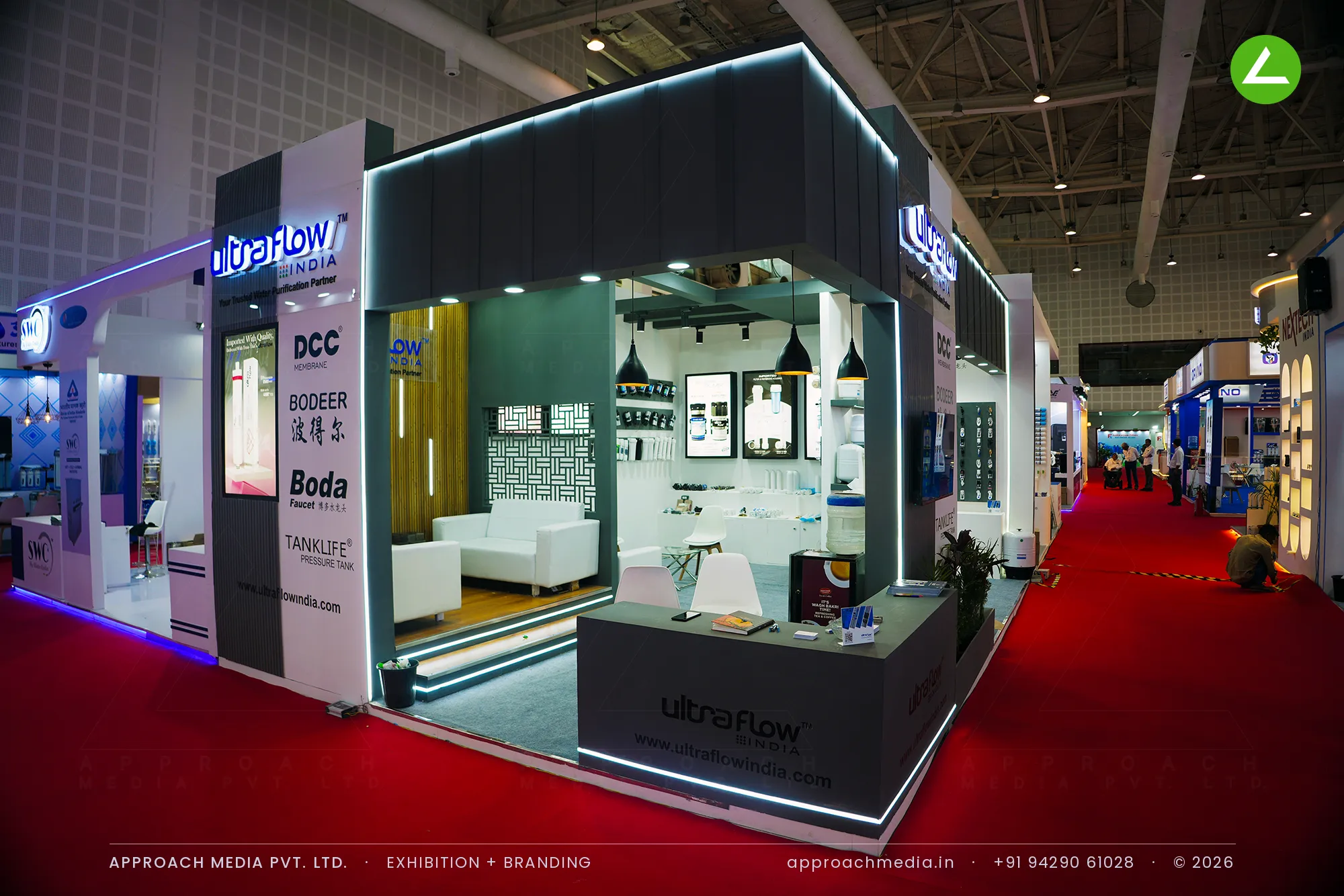 Ultraflow India exhibition stall design at WAPTAG Water Expo Gandhinagar in charcoal ribbed cladding