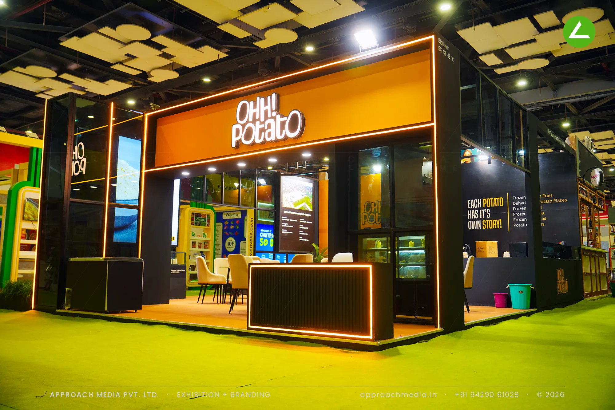 Ohh! Potato exhibition stall design at Aahar New Delhi, an 80 sqm black and orange stand outlined in warm gold neon