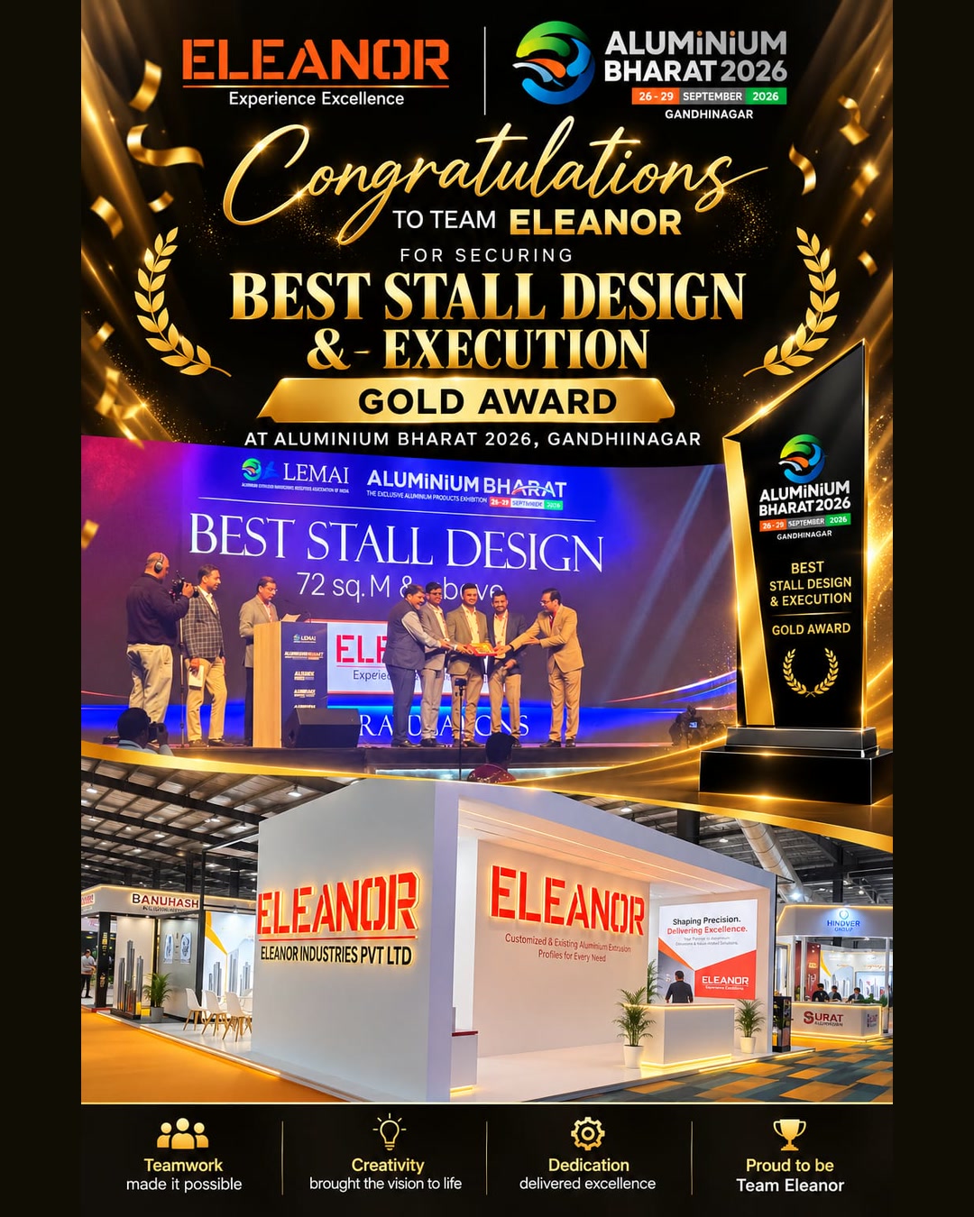 Announcement collage congratulating Team Eleanor on the Gold Award for Best Stall Design & Execution at Aluminium Bharat 2026, Gandhinagar — showing the on-stage award presentation, the award graphic, and Eleanor Industries' white exhibition stall with illuminated orange lettering, built by Approach Media