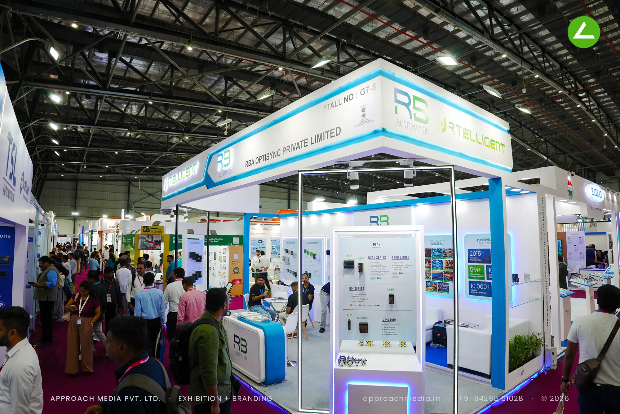 RB Automation stepped fascia and lit portal frame — exhibition stall design at Automation Expo Mumbai