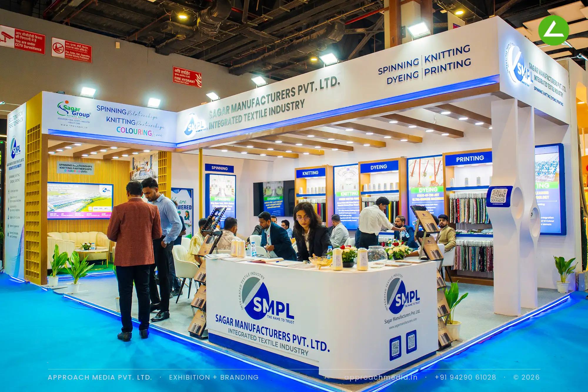 Sagar Manufactures wood-panelled process bays and counter — exhibition stall design at Bharat Tex New Delhi