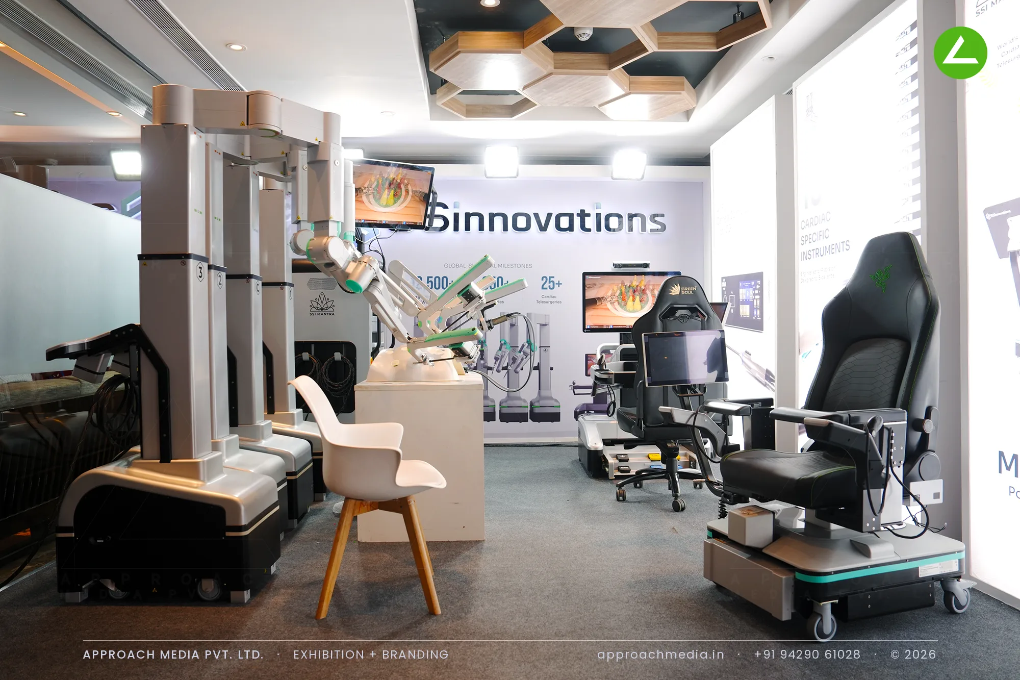 Robotic arm cart and tele-surgeon console in the exhibition stall design at CABG Gandhinagar built for SS Innovation