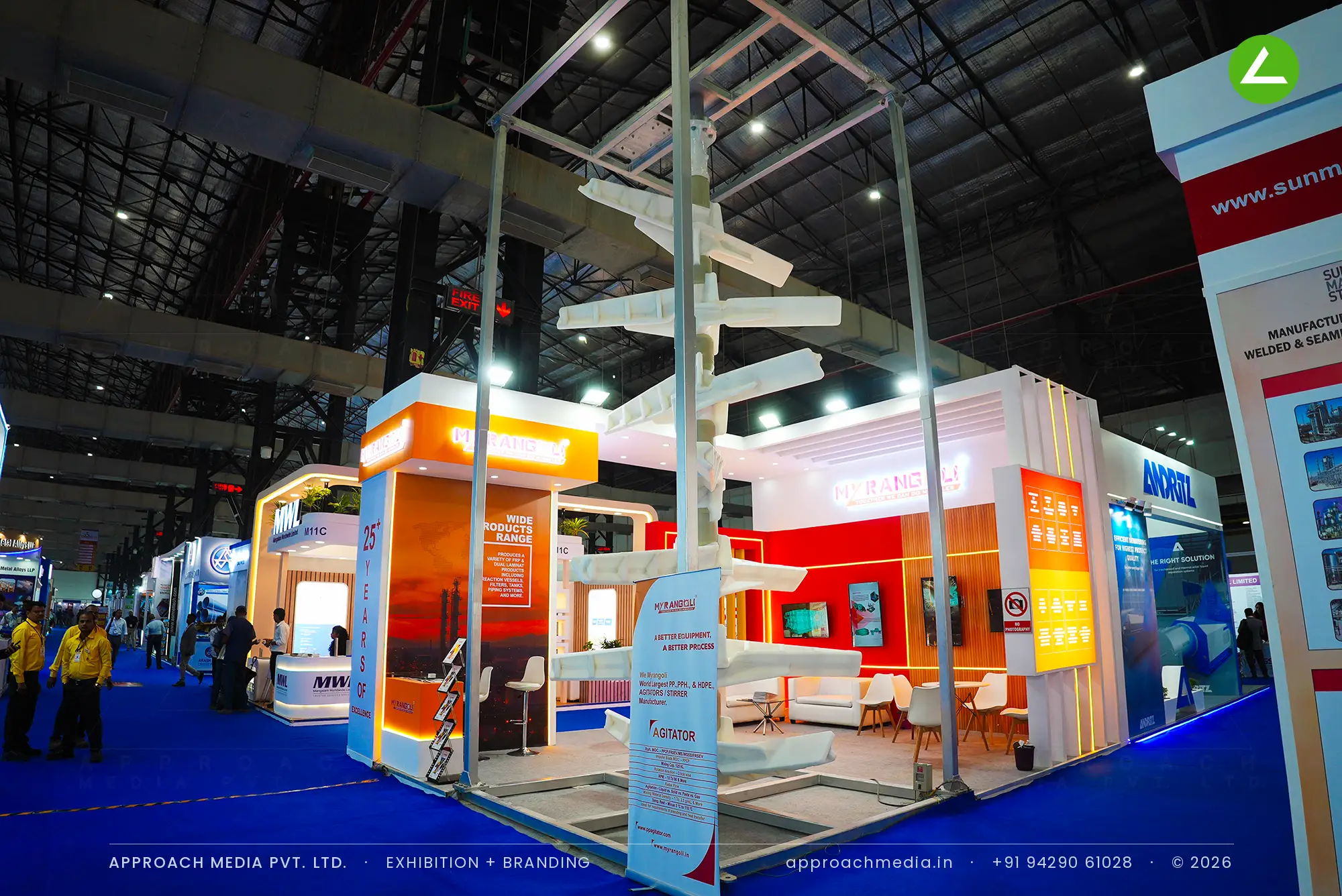 My Rangoli exhibition stall design at ChemTECH Mumbai with a full-height white agitator assembly at the open corner
