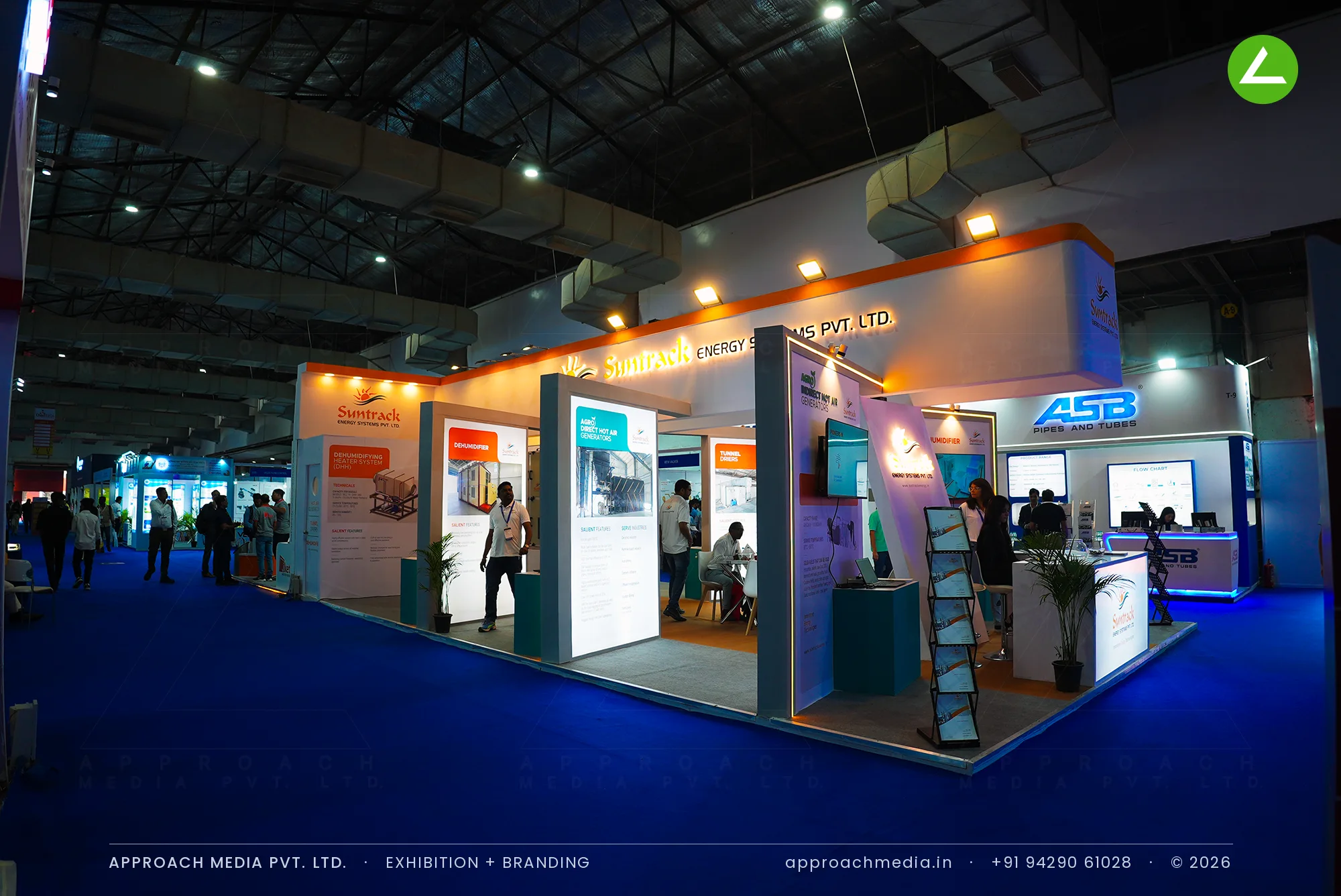 Suntrack Energy Systems exhibition stall design at ChemTECH Mumbai with printed information fins under a long cream fascia