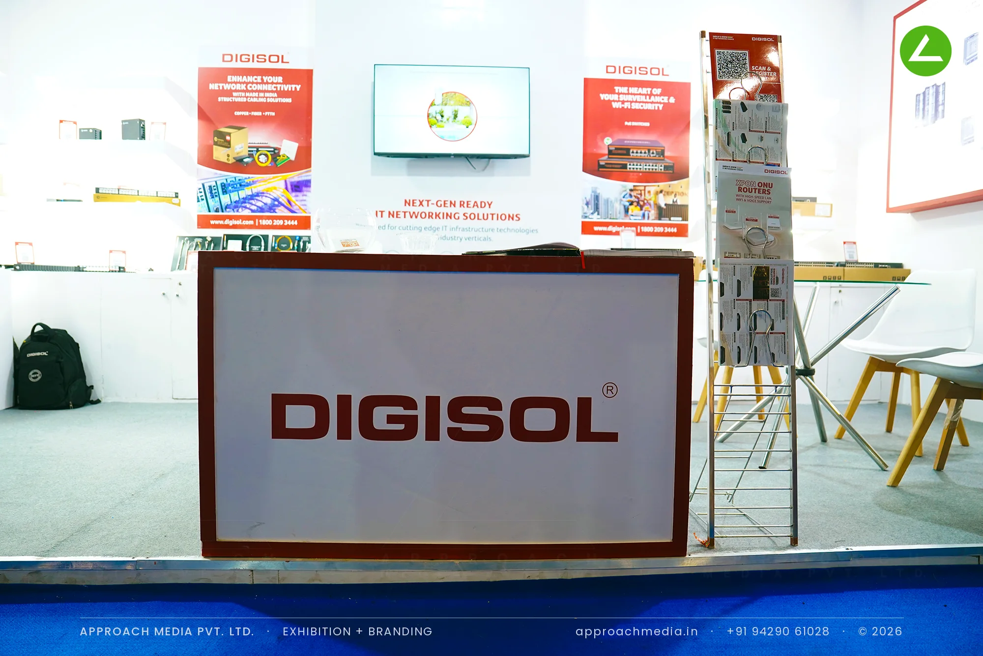 DIGISOL exhibition stall design at FITAG Tech Expo Gandhinagar: a lit product wall in 18 sqm — photo 3