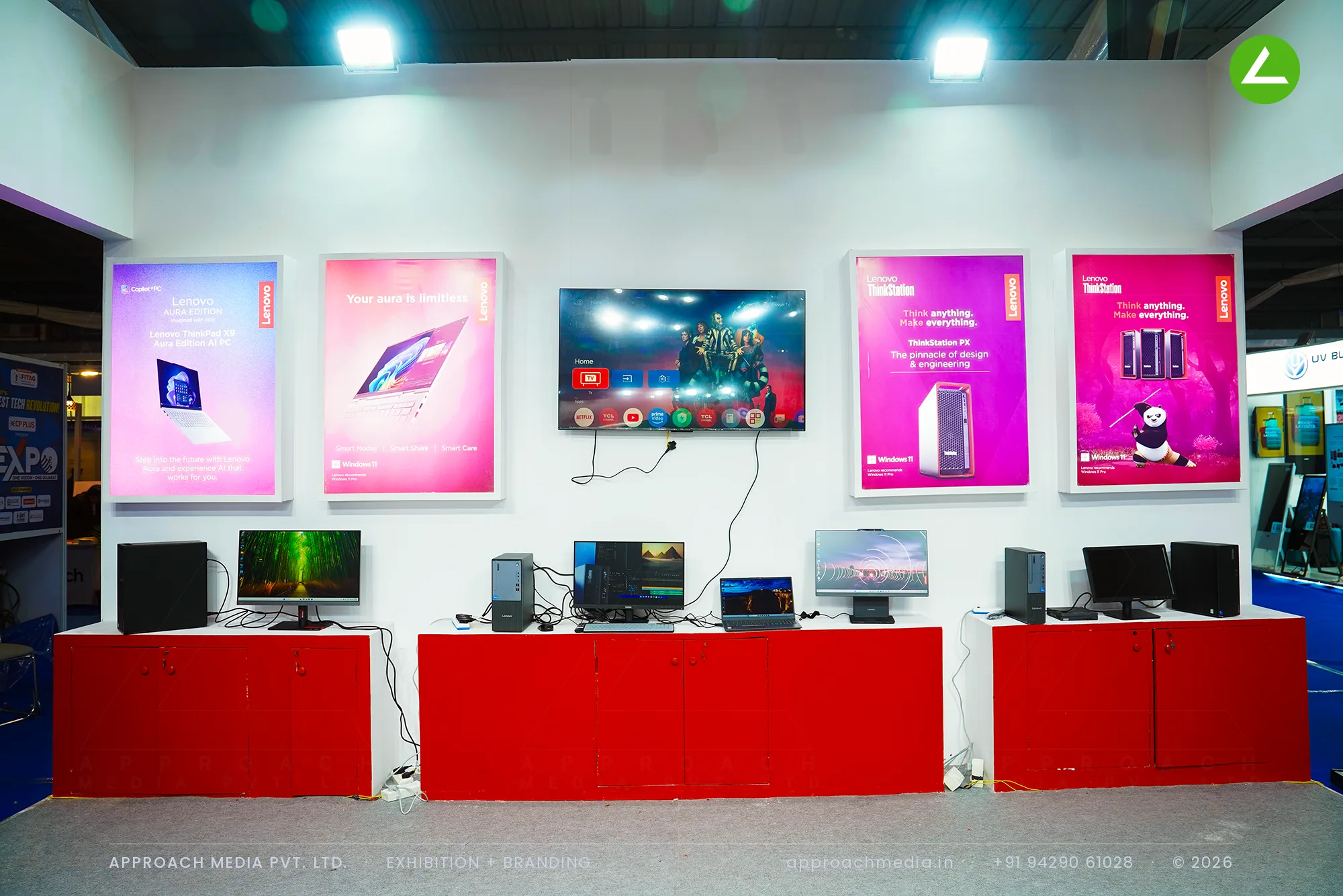 Lenovo exhibition stall design at FITAG Tech Expo Gandhinagar: a 71 sqm island under a red canopy — photo 4