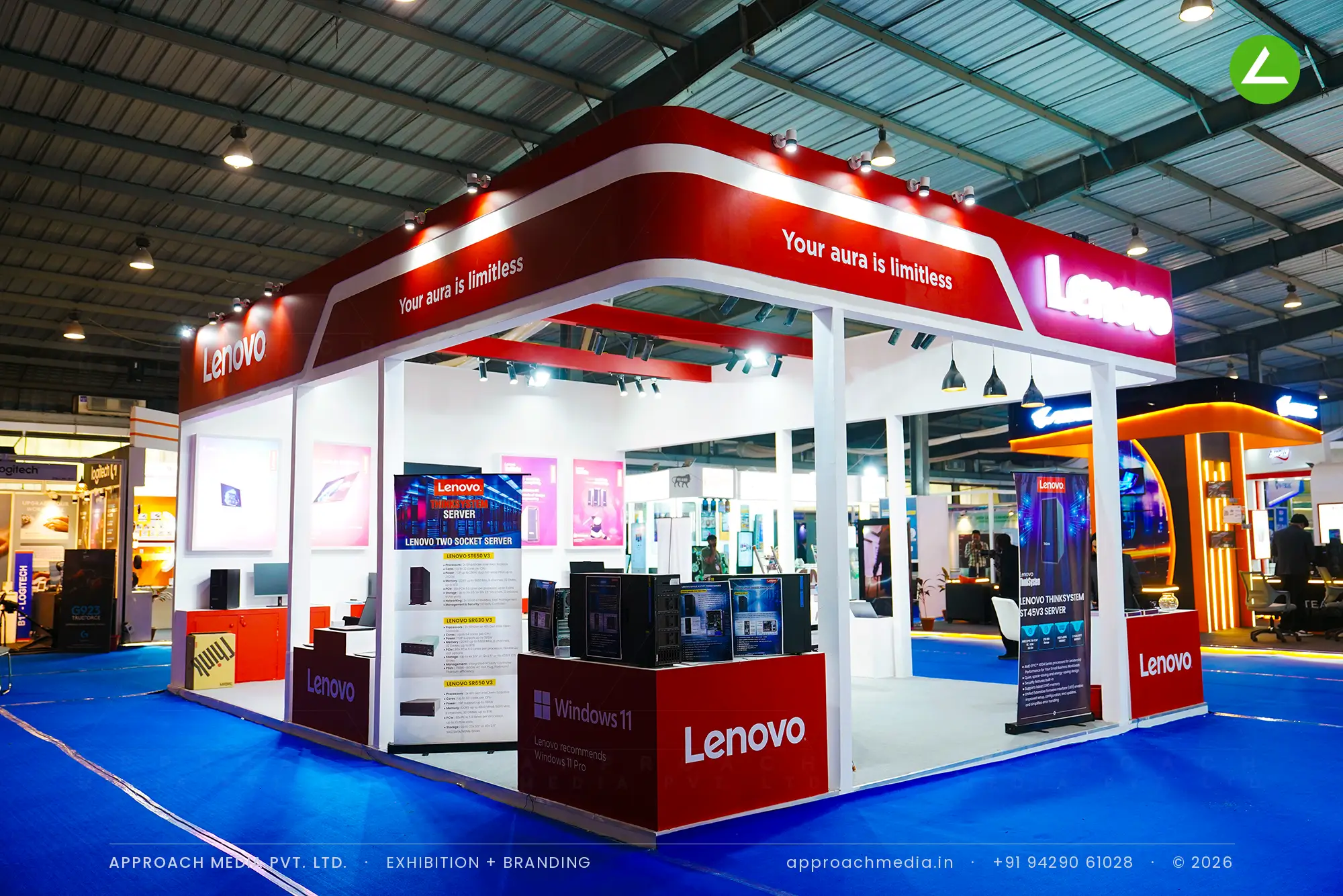 Lenovo exhibition stall design at FITAG Tech Expo Gandhinagar: a 71 sqm island under a red canopy — photo 3