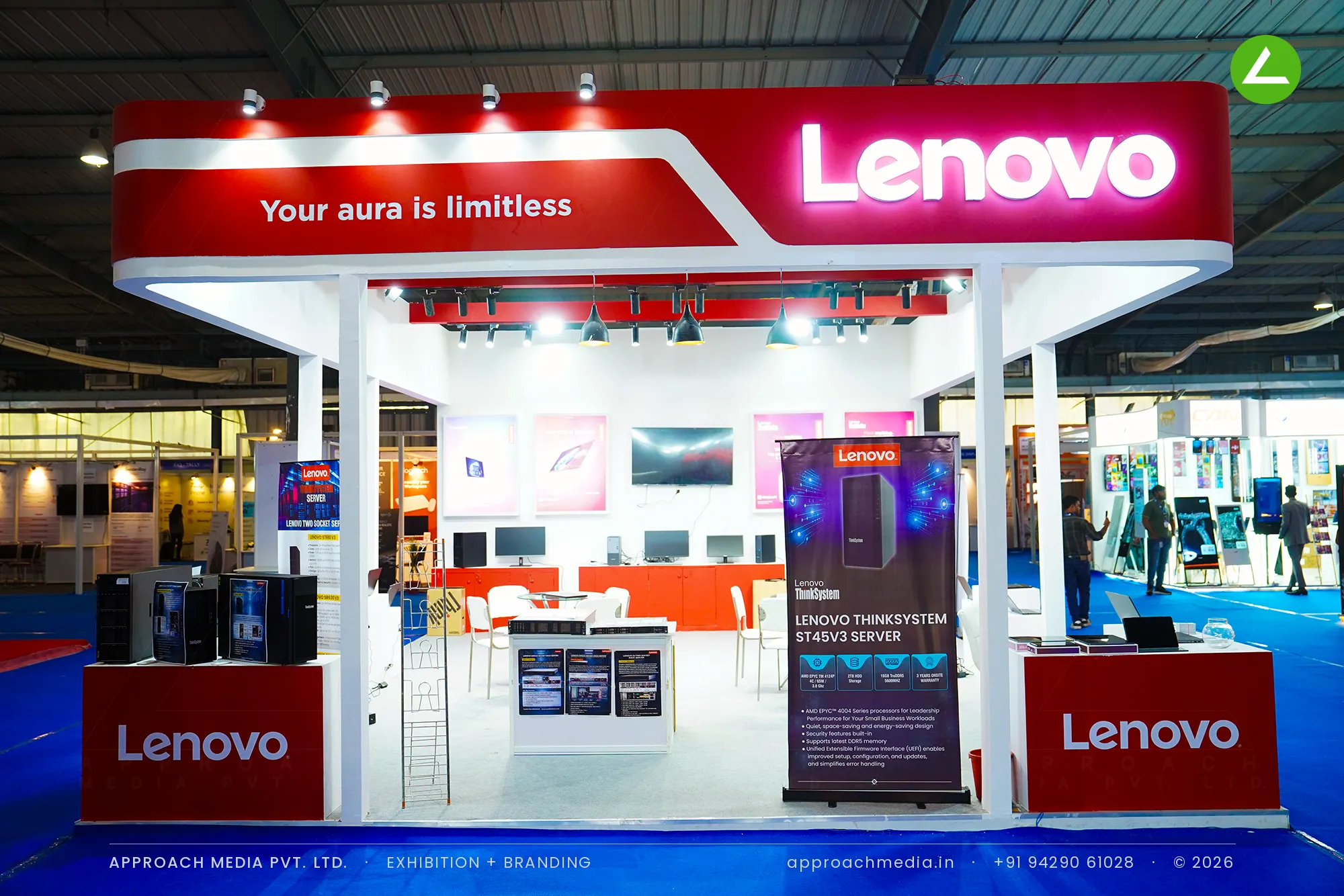 Lenovo exhibition stall design at FITAG Tech Expo Gandhinagar: a 71 sqm island under a red canopy — photo 2
