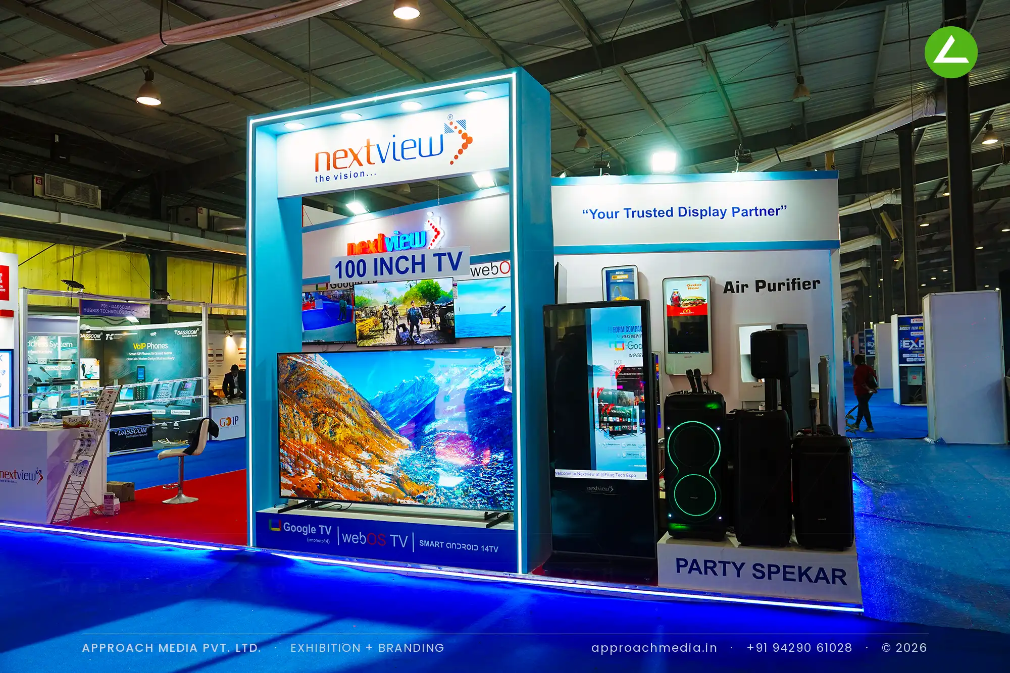 Nextview exhibition stall design at FITAG Tech Expo Gandhinagar: a wall of live screens — photo 3