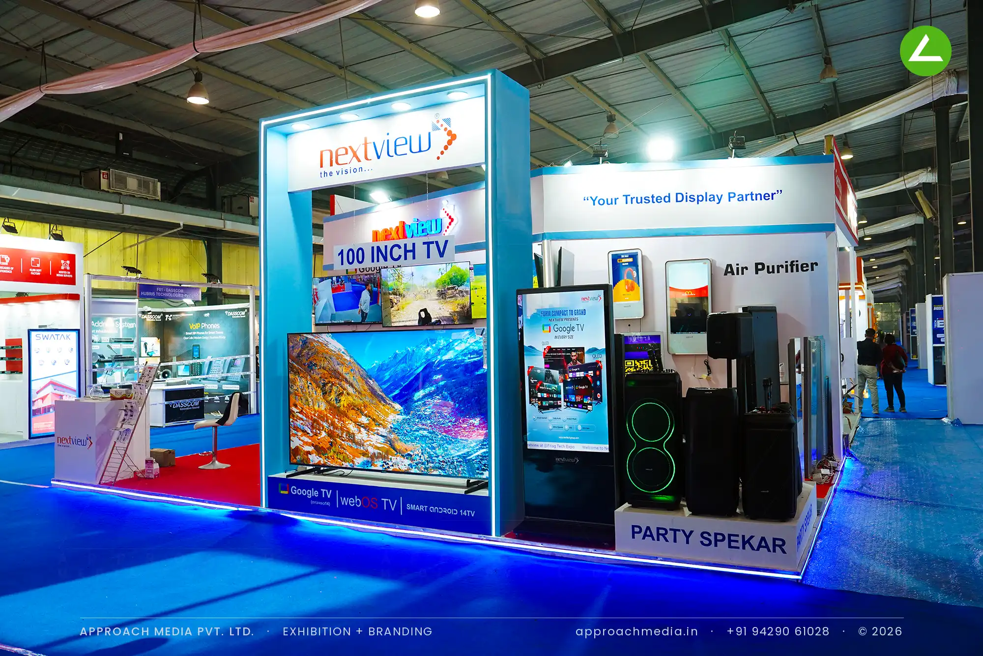 Nextview exhibition stall design at FITAG Tech Expo Gandhinagar: a wall of live screens — photo 2