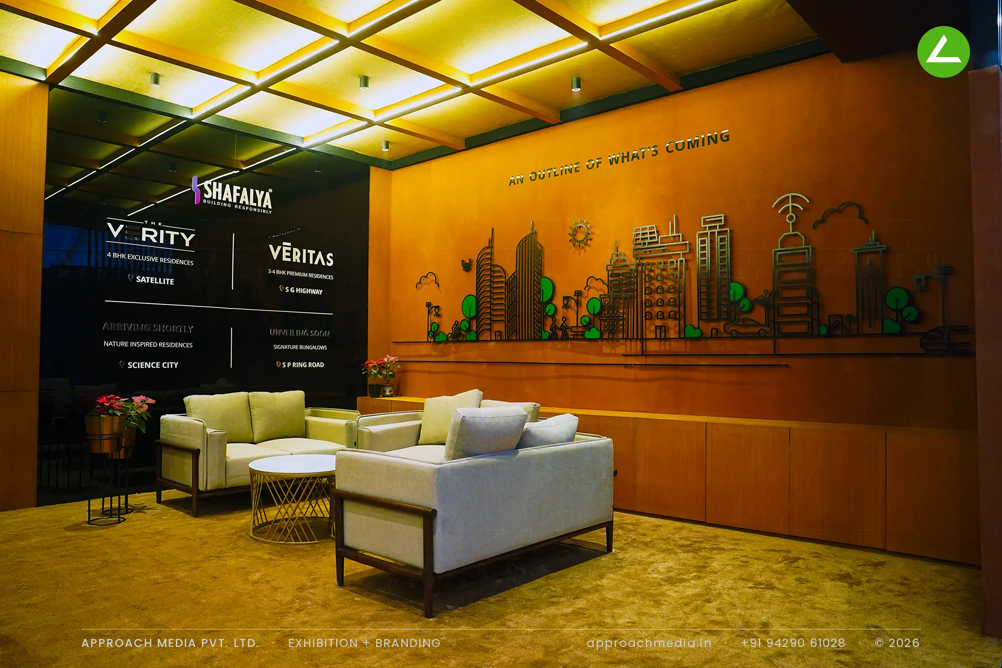 Shafalya exhibition stall design at GIHED Property Show Ahmedabad: 72 sqm under a lit ceiling grid — photo 4