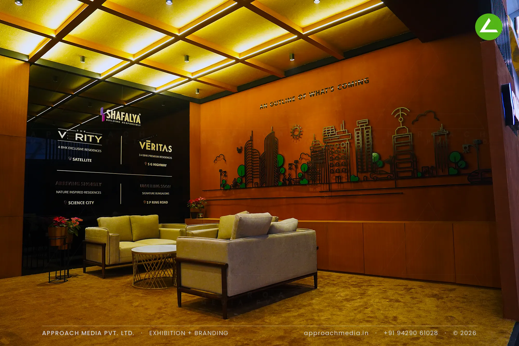 Shafalya exhibition stall design at GIHED Property Show Ahmedabad: 72 sqm under a lit ceiling grid — photo 3