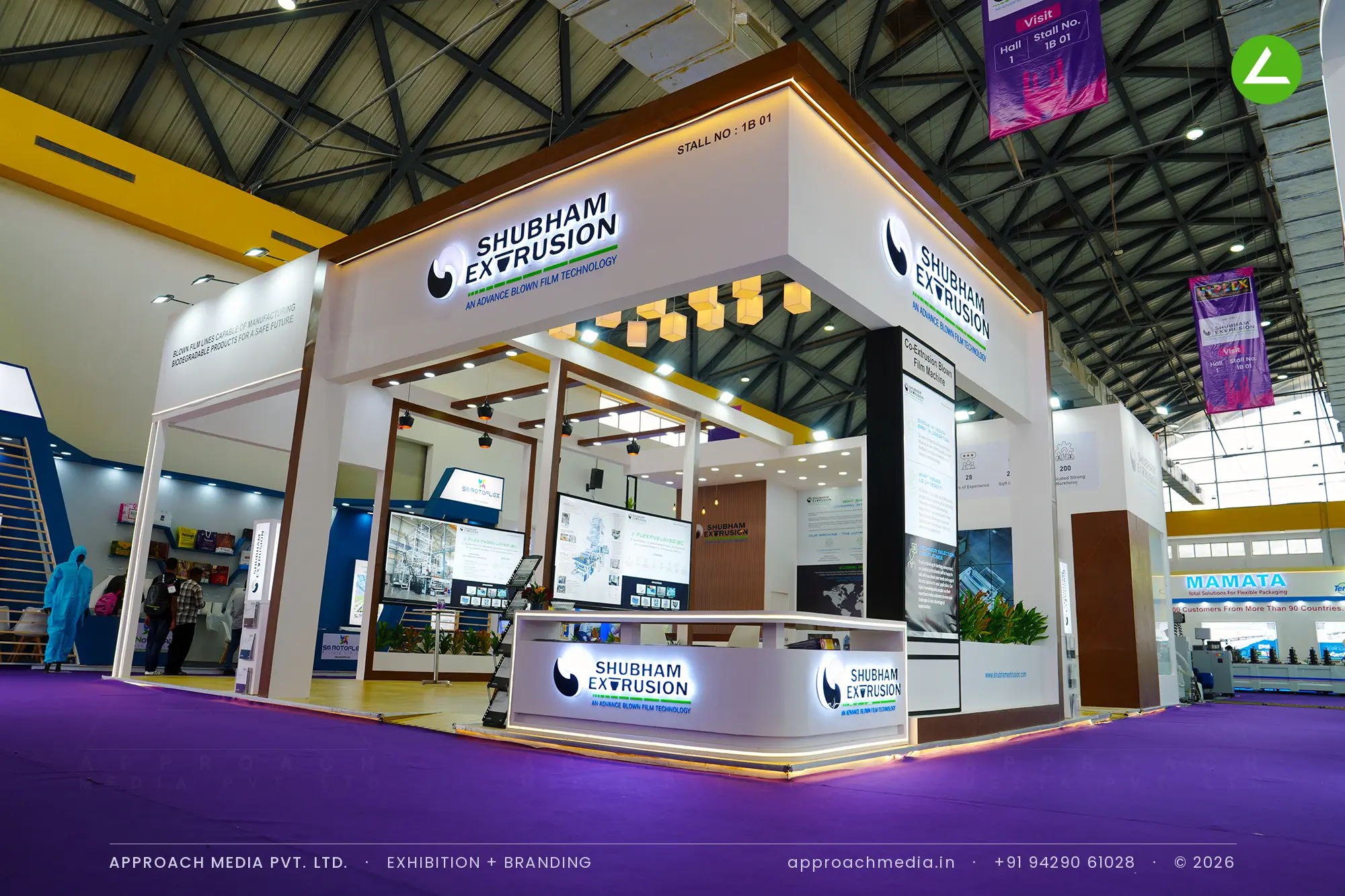Shubham Extrusan's double-height white fascia signed on three faces in the exhibition stall design at Hiplex Hyderabad