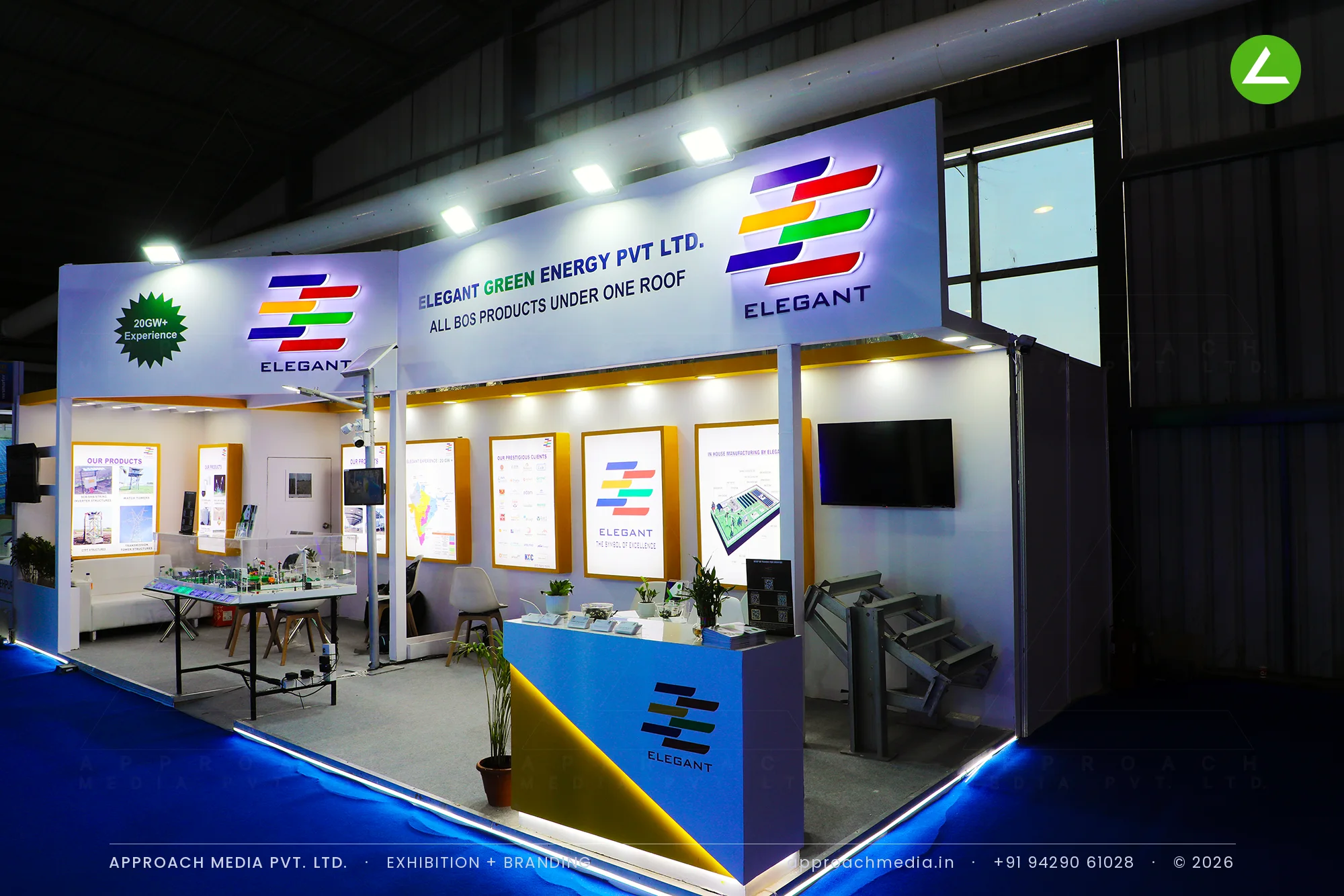 Elegant Green Energy exhibition stall design at Intersolar India Gandhinagar with lit product boards and solar street light