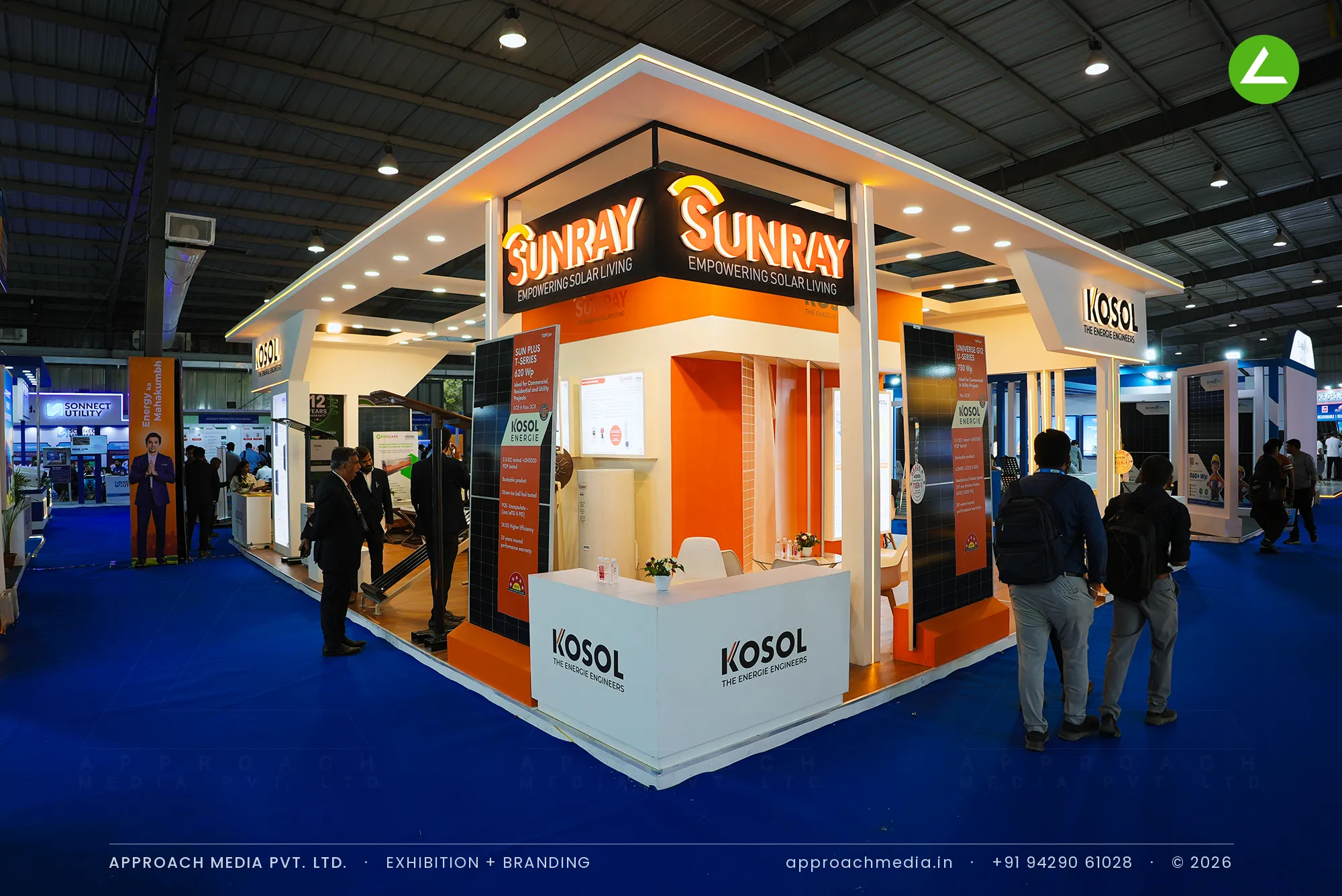 Kosol Energie exhibition stall design at Intersolar India Gandhinagar, four-side island with lit canopy and Sunray signs