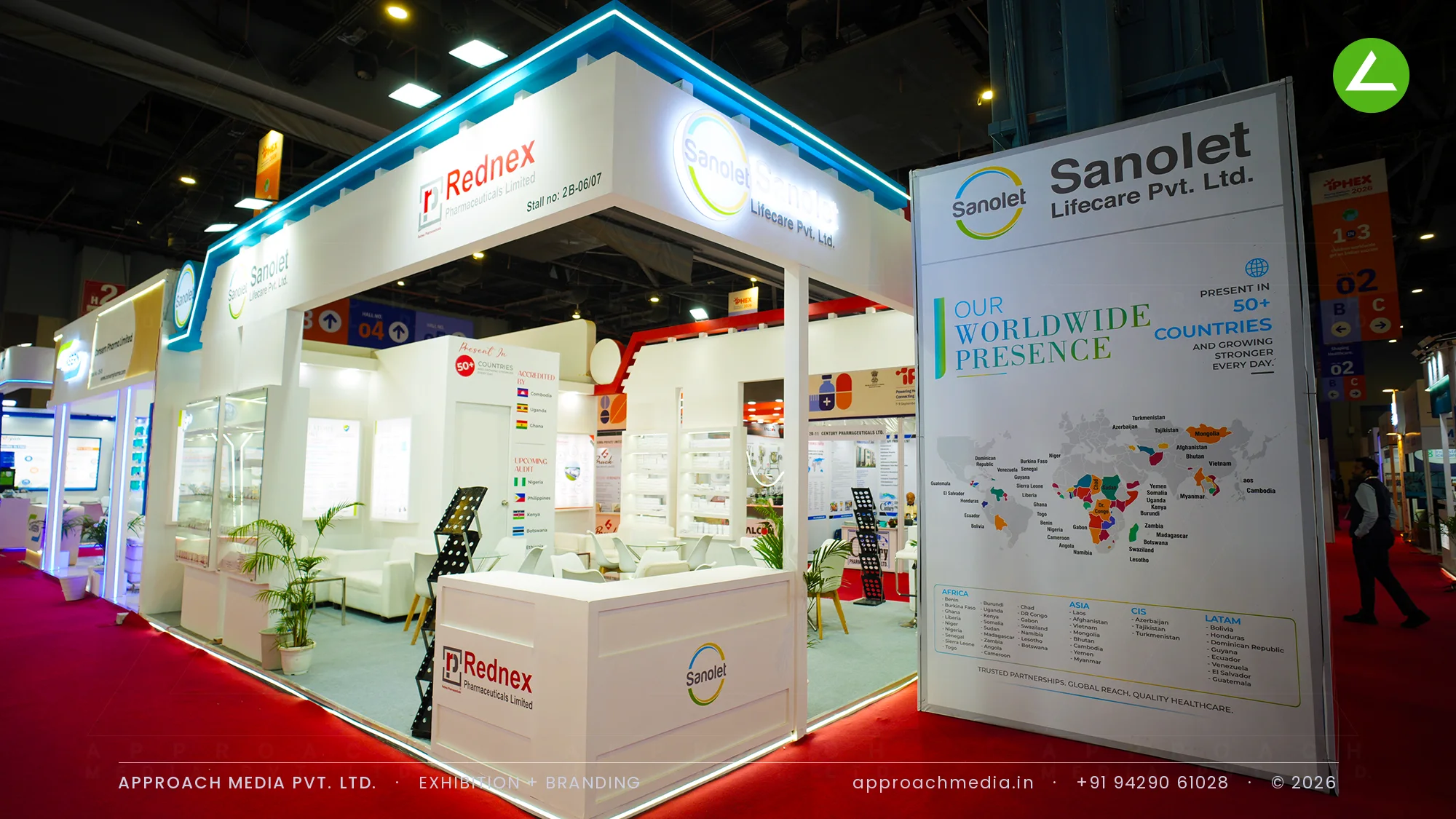 Sanolet Randex's split white portal fascia, an exhibition stall design at IPHEX New Delhi