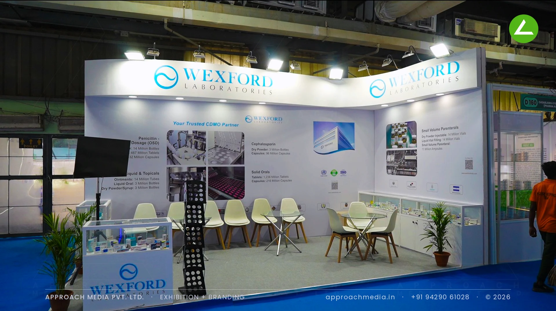 Wexford Laboratories exhibition stall design at Pharmatech Expo Gandhinagar with a curved white fascia and vitrines