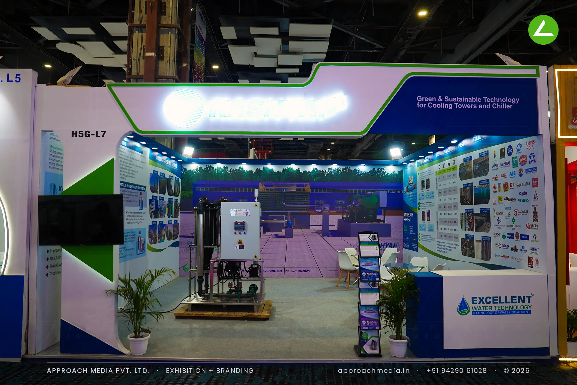 Kashyap blue and green exhibition stall design at PlastIndia New Delhi with a cooling tower mural and live anti-scale skid