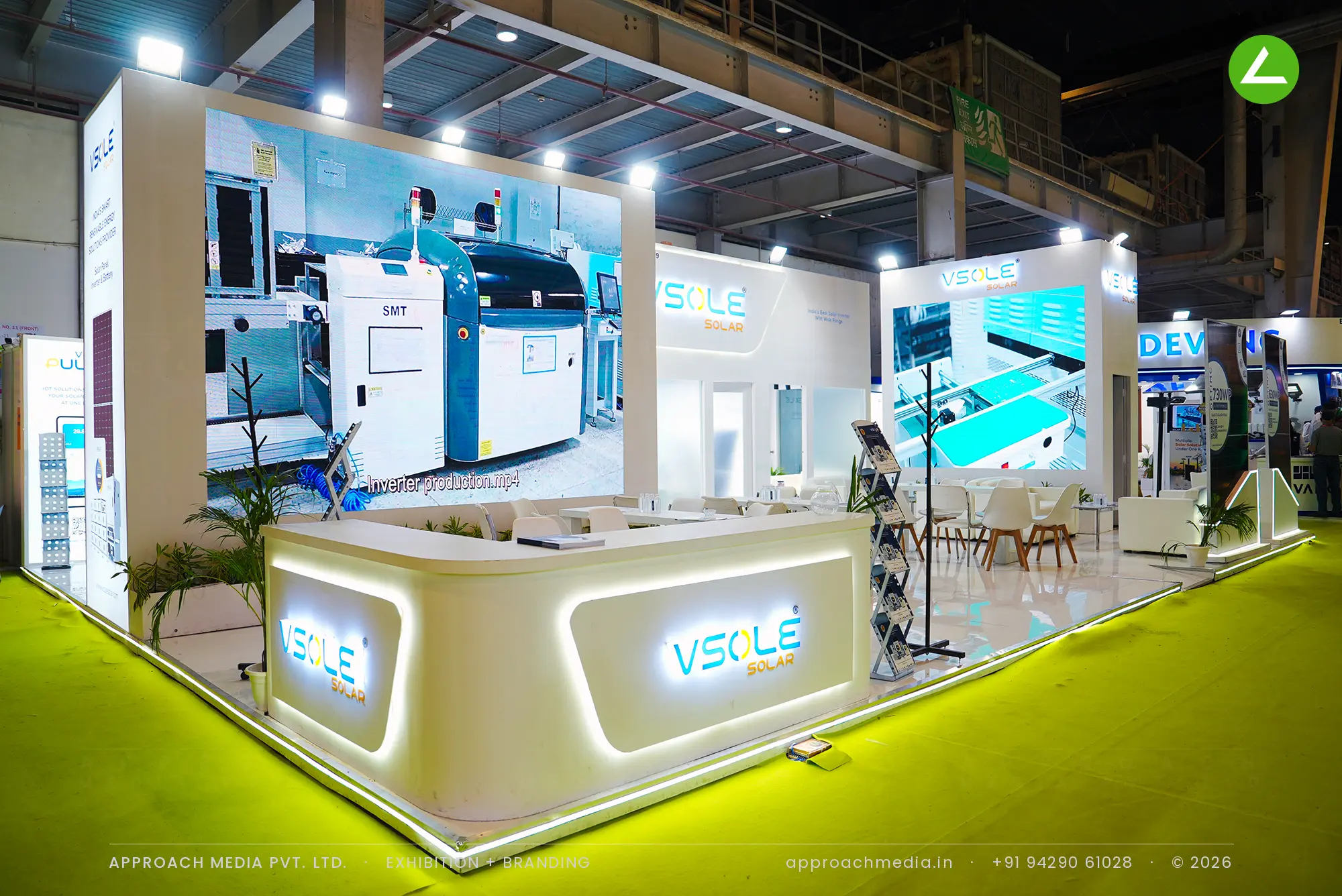 Exhibition stall design at REI Greater Noida: VSOLE Solar stand with LED factory walls and inverter bays