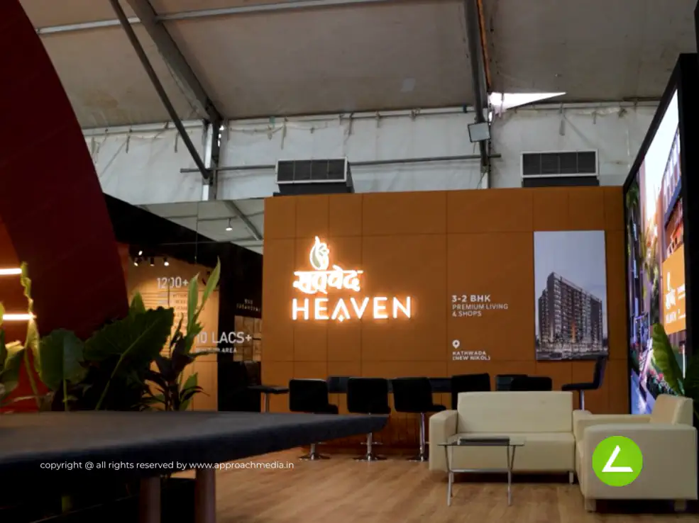 Housing Project Exhibition Stall Design at ABD Approach Ahmedabad — 300 sqm 2 side open trade show booth for Samved Heaven at ABD Approach