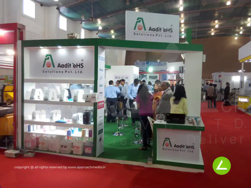 EHS & Safety Exhibition Stall Design at Clean India Expo Aadit — 108 sqm 3 side open trade show booth for Aadit EHS Solutions at Clean India Expo