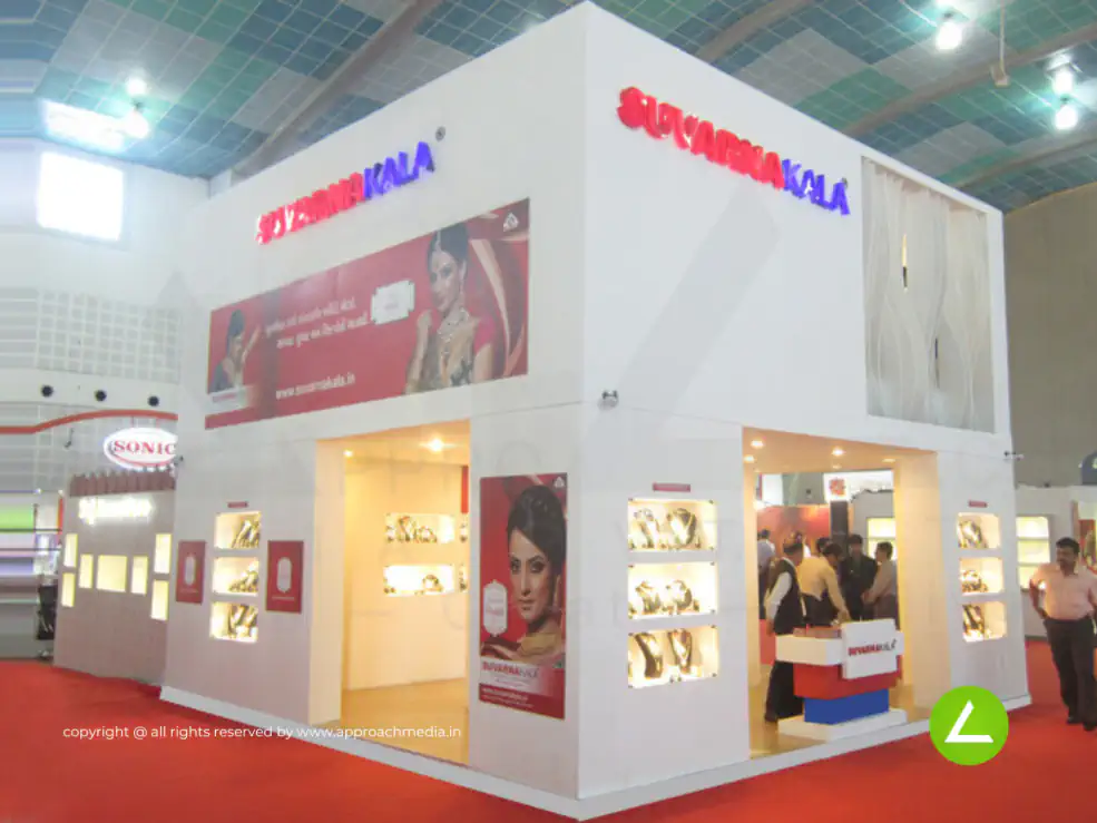 Designer Jewellery Exhibition Stall Design at GGJS Ahmedabad Edition — 72 sqm 2 side open trade show booth for Suvarnakala at GGJS Ahmedabad