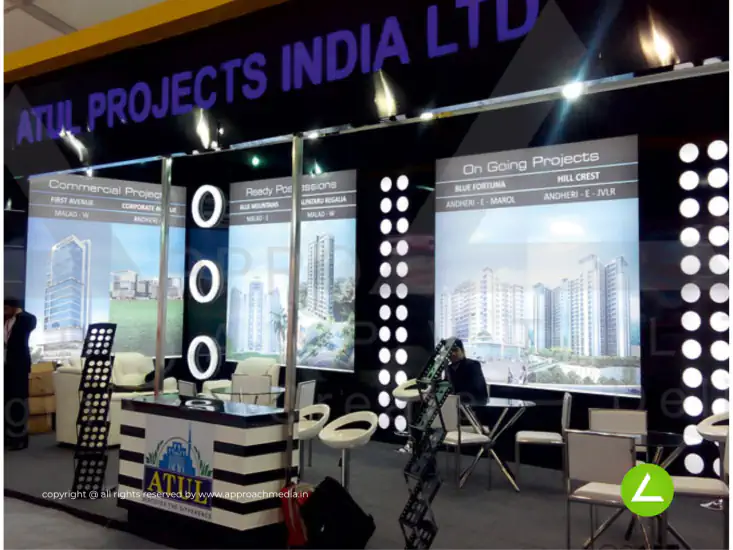 Real Estate Exhibition Stall Design at MCHI-CREDAI Property Expo Mumbai Atul Projects — 36 sqm 2 side open trade show booth for Atul Projects India at MCHI-CREDAI Property Expo